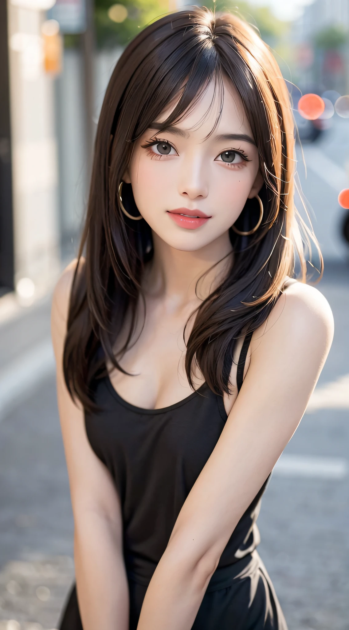 A dark-haired、A sexy、Unwind in a café、cute little、8k、Breasts are big、brack、rcasual、Street Outfit、hight resolution、Detailed face、Perfect eyes、full bodyesbian、Full body