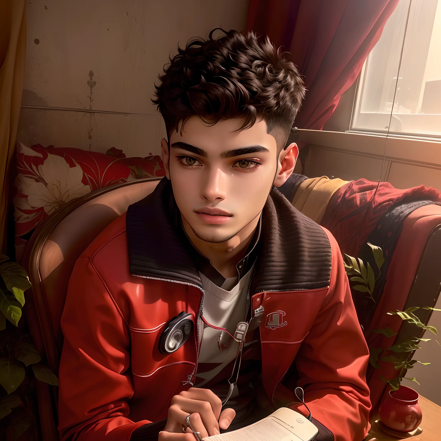 there is a young man sitting in a red chair with a remote control, with accurate face, around 1 , ayan nag, mohamed chahin, cute young man, very artistic pose, front profile!!!!, candid picture, profile pic, riyahd cassiem, with lovely look, student, very very low quality picture, vastayan, young adult male