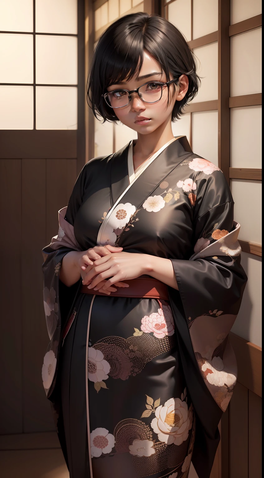 1girl, Beautiful girl, Wear eyeglasses, Dark skin, A small mole on her right cheek, Full body, Body length 150 cm, 20 years old, Brown Skin Girl, .(black short hair, Street hairstyle) , (Black Eyes), realistic eyes, beautiful and big eyes), kimono dress, Kimono clothes, small breasts, (8k wallpaper), (Traditional Japanese home wallpaper) 8k, Quilty Altitude, Realistic, Beautiful realism, outstanding detail, RAW photo, Realistic clothes, short hair hair, Black hair, realistic hair, Light and cool lighting, realistic photo, Cel shaded, Gel lighting, ultra-detail