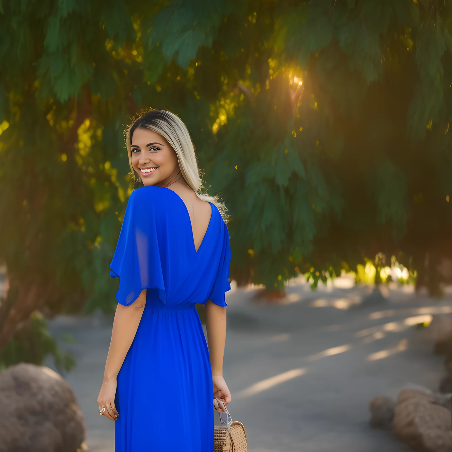 A beautiful smiling Canarian girl in an indigo dress, Instagram Influencer, Caliente en CANON R5, muelle 85 mm, photo session, profundidad de campo, Incredibly detailed intricate, Hiper maximalista, elegante, hiperrealista, Super detailed, dynamic pose, centrado, Cinematographer, luz natural, dynamic, Altamente detallado, foco nítido