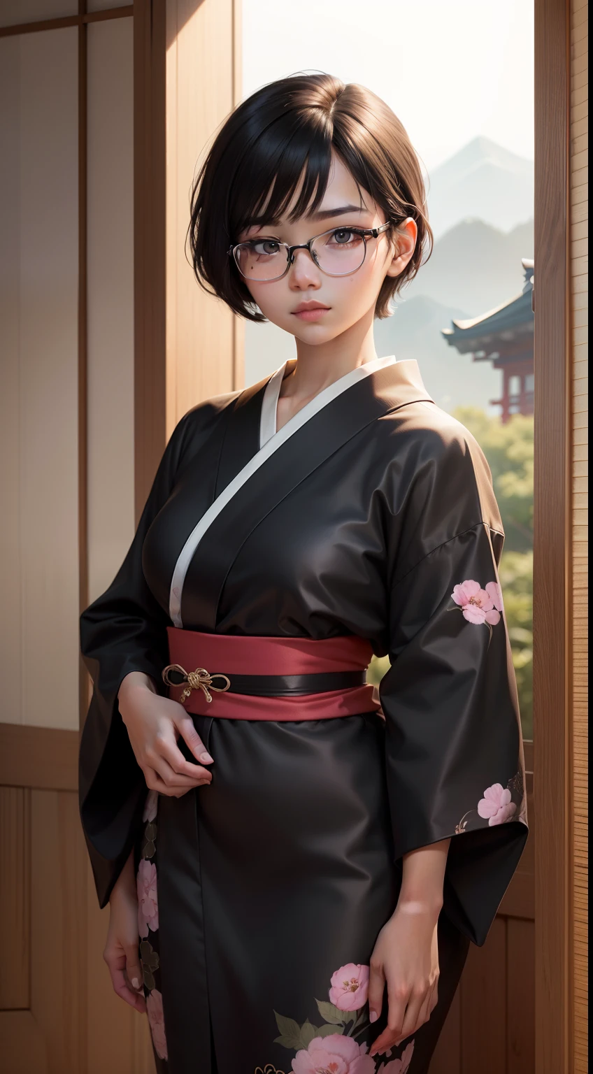 1girl, Beautiful girl, Wear eyeglasses, Dark skin, A small mole on her right cheek, Full body, Body length 150 cm, 20 years old, Brown Skin Girl, .(black short hair, Street hairstyle) , (Black Eyes), realistic eyes, beautiful and big eyes), kimono dress, Kimono clothes, small breasts, (8k wallpaper), (Traditional Japanese home wallpaper) 8k, Quilty Altitude, Realistic, Beautiful realism, outstanding detail, RAW photo, Realistic clothes, short hair hair, Black hair, realistic hair, Light and cool lighting, realistic photo, Cel shaded, Gel lighting, ultra-detail