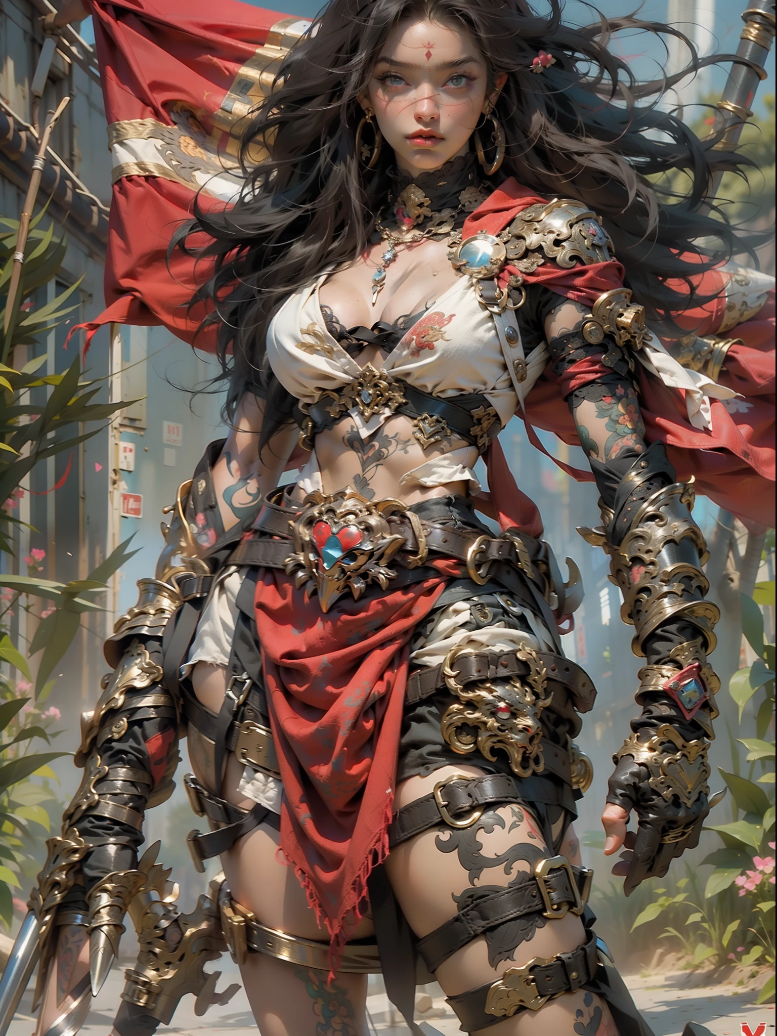 (((mulher))), (((melhor qualidade))), (((obra prima))), (((adulta))), Uma guerreira mulher de 35 anos com corpo perfeito, Brooklyn Gladiators, (( under boobs )), quase nua no estilo selvagem urbano de Simon Bisley para a capa da revista Heavy Metal, cabelo loiro, Minimum clothing, red and white checkered pattern, armadura, cheio de pontas e rebites, tatuagem tribal, (((do joelho pra cima))), cabelo desalinhado