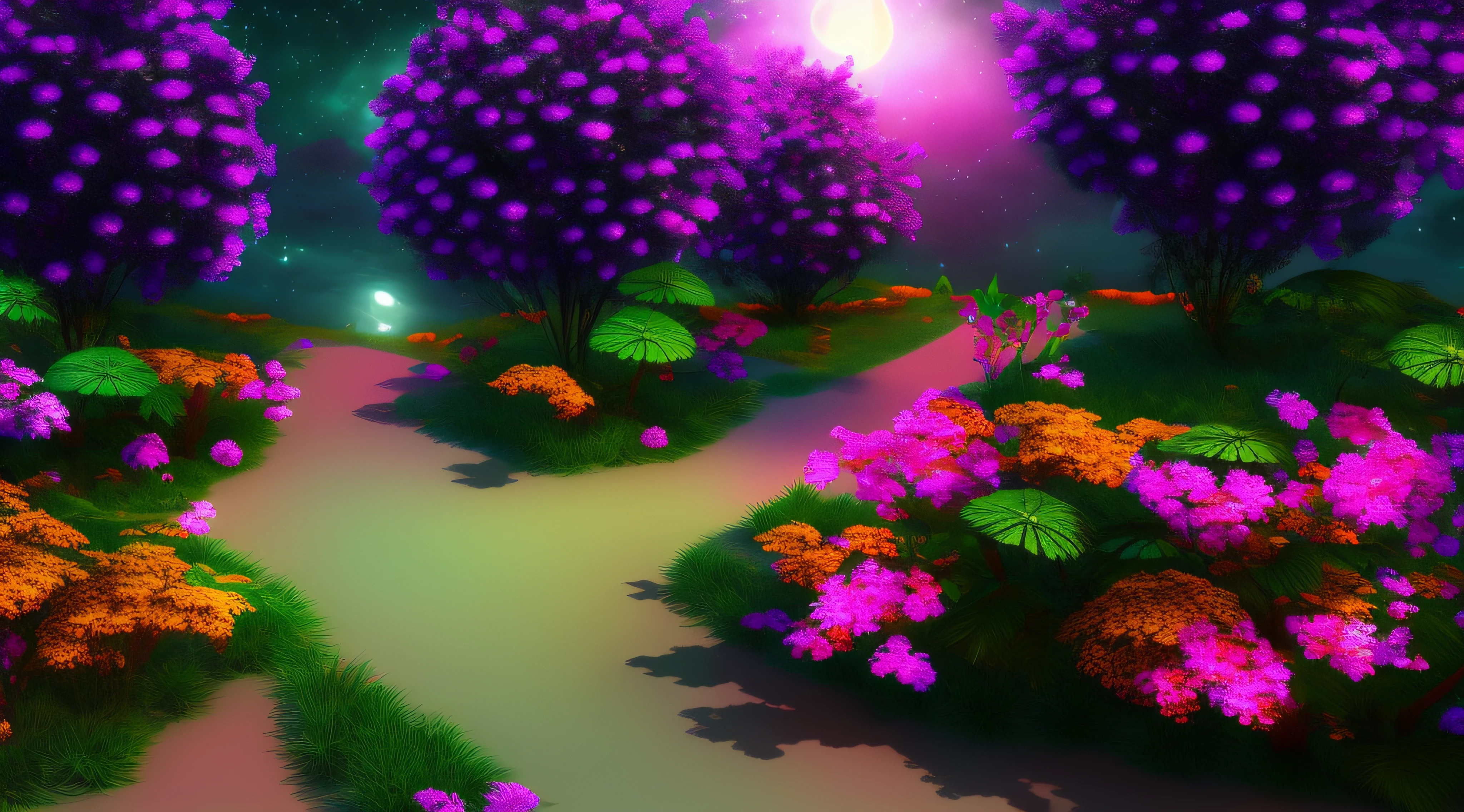 highly detailed 3d render of a dark green forest, night, with cute plants, colorful flowers and birds, dark purple gradient background.