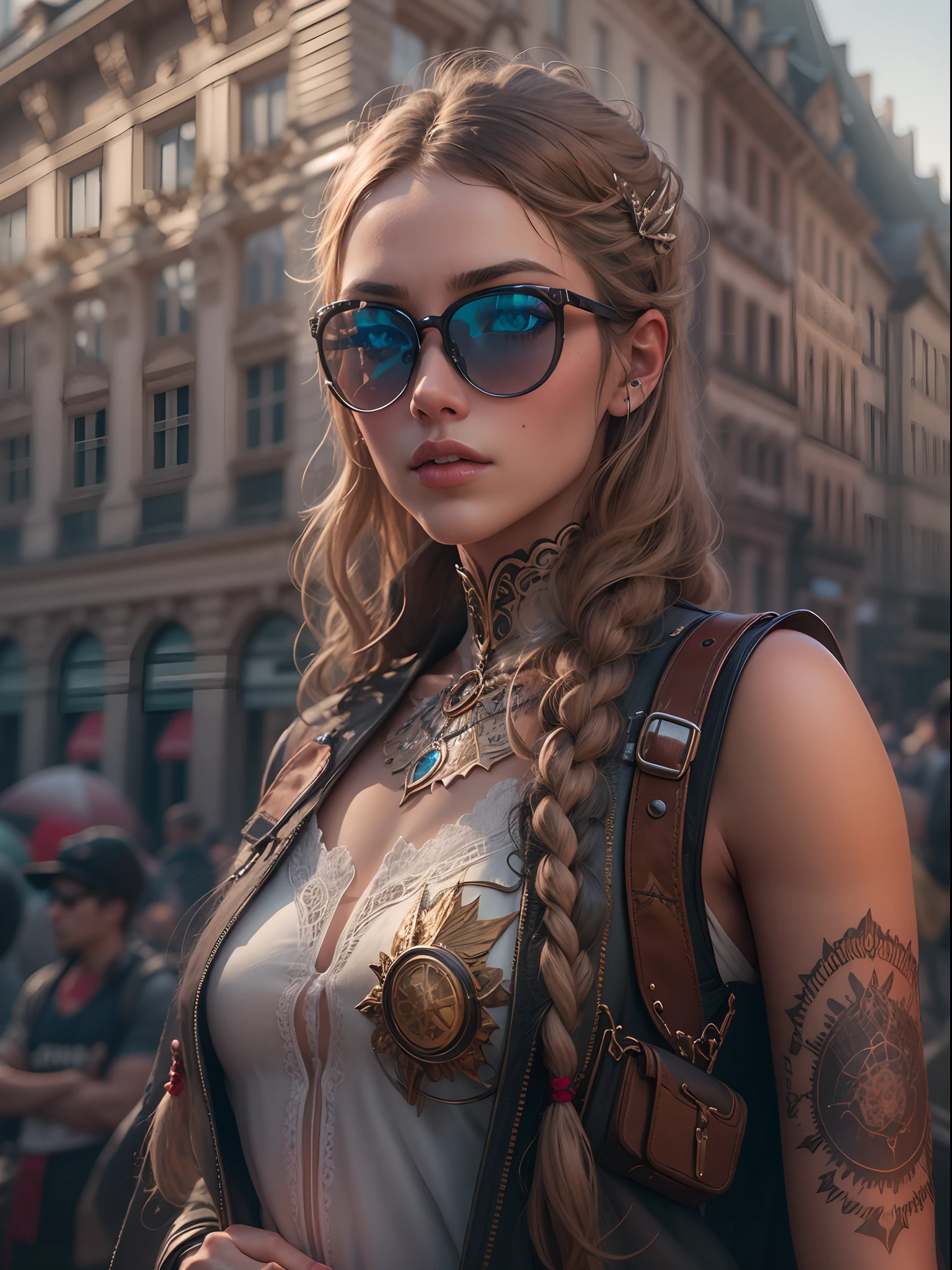 A very realistic and very detailed picture of a beautiful German woman wearing sunglasses in the future city of Berlin , The outfit engraved with German shield plates , long  hair, Hand and body tattoos, Fashion pose, Beautiful hazel eyes symmetrical detailed, detailed gorgeous face, Advanced German Environment , Integration of German civilization with futuristic nanotechnology , outstanding detail, 30 MP, 4k, كاميرا كانون EOS 5D Mark IV الرقمية SLR, 85mm lens, sharp focus, intricately detailed, Long exposure time, f/8, ISO 100, shutter speed 1/125, Diffused backlight, ((award winning photograph)) , facing camera, looking into the camera, Monovision, Perfect contrast, high sharpness, facial symmetry, Depth-of-field, ultra-detailed photography, Raitsar, global illumination, Tanvertamim, downy, Ultra-High Definition, 8k, unreal engine 5, Ultra-sharp focus, award-winning photograph, trending on Artstation