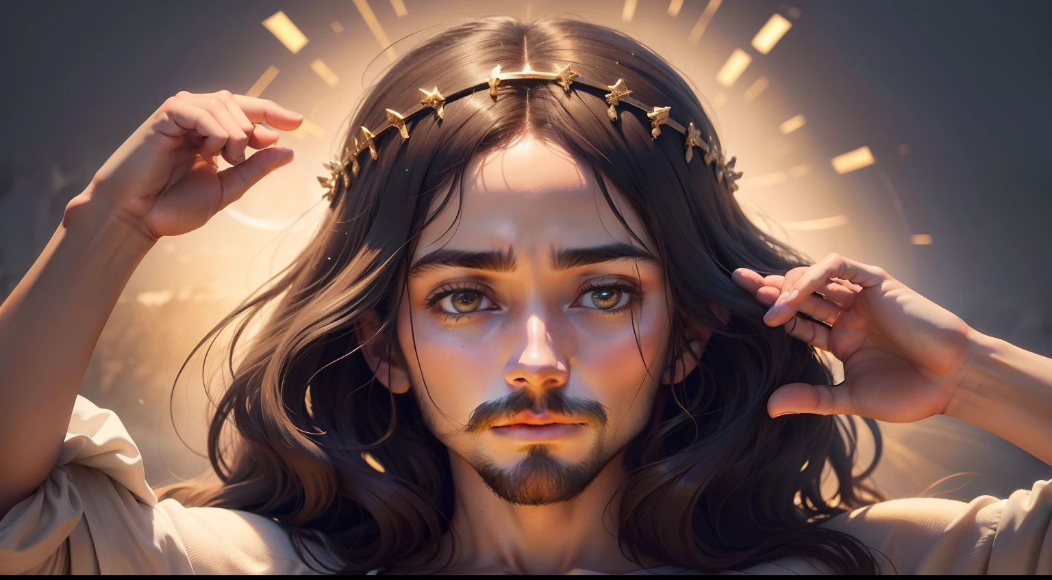 Por favor, generate a high-definition image of Jesus Christ in a serene and inspiring pose. A imagem deve ser rica em detalhes e cores vibrantes, capturing the essence of your kindness and compassion. Be sure to include symbolic elements that refer to your message of love and peace. The final image should be an authentic and respectful representation