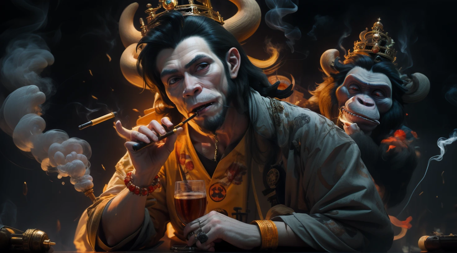 a cartoon monkey wearing a crown and smoking a cigarette, rat with crown, rat king, royal attire akira, by derek zabrocki, inspired by Alex Petruk APe, bored ape nft, rasputin as grubhub character, god save the queen!!!, monkey, by Alex Petruk APe, by Jeka Kemp, extremely high quality artwork, very good image positive_v1.3, ng_deep positive_v1_75t, (beautifull face:0.8),cross-eyed,sketches, (beast quality:2), (high quality:2), (good quality:2), ((monochrome)), ((gray scale)), skin spots, acnes, good anatomy, Deep Positive, facing away, tilted head, good anatomy, giood hands, 8kk quality, good feet, cropped, best quality, high quality, best quality, jpeg artifacts, fewer digits, long neck, cross-eyed, polar lowres, good body, good proportions, gross proportions, ((repeating hair)).