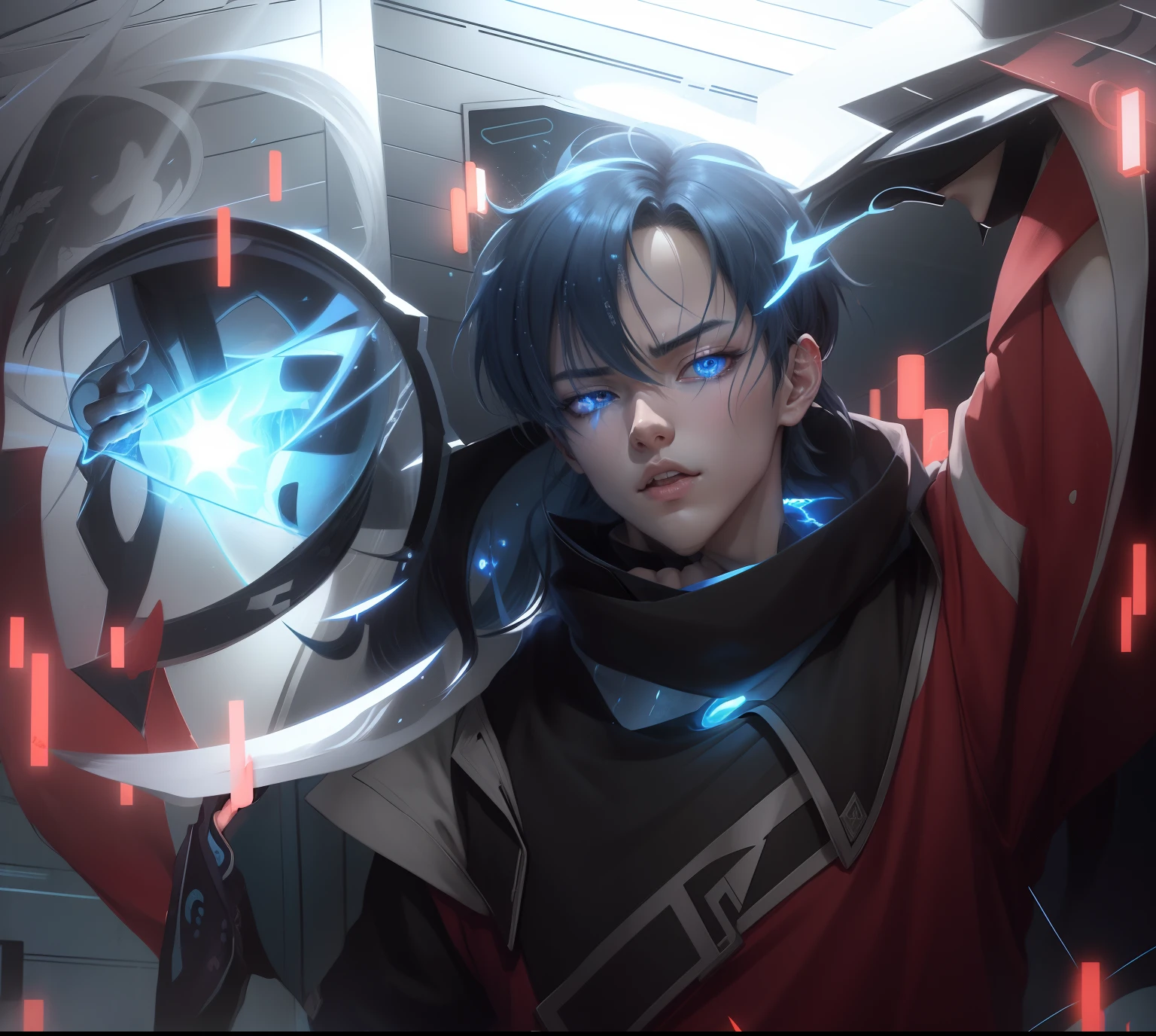 anime character with a bright blue orb in his hand, Heise Jinyao, Digital anime illustration, Gatilho Estilo de Arte de Anime, Epic anime style, badass anime 8 k, he is casting a lighting spell, inspirado em Bian Shoumin, arte chave do anime, Estilo anime 4K, arte anime de alta qualidade, Fanart de alta qualidade, Anime Art Wallpaper 8K, arte digital estilo anime, olhos azuis