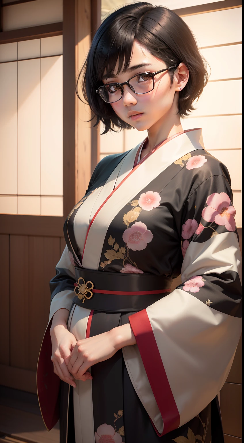 1girl, beautiful girl, wearing eyeglasses, brown skin, small mole on her right cheek, full body, Body Length 150 cm, 20 years old, brown skin girl, .(short black hair, Street hairstyle) , (black eyes), realistic eyes, beautiful and big eyes), kimono dress, kimono clothes, Small breasts, (8k wallpaper), (Traditional Japanese house wallpaper) 8k, high quilty, realistic, beautiful realistic, Cool details, raw photo, realistic clothing, short hair, black hair, realistic hair, Light and cool lighting, photo realistic, Cel shaded, Gel lighting, ultra details