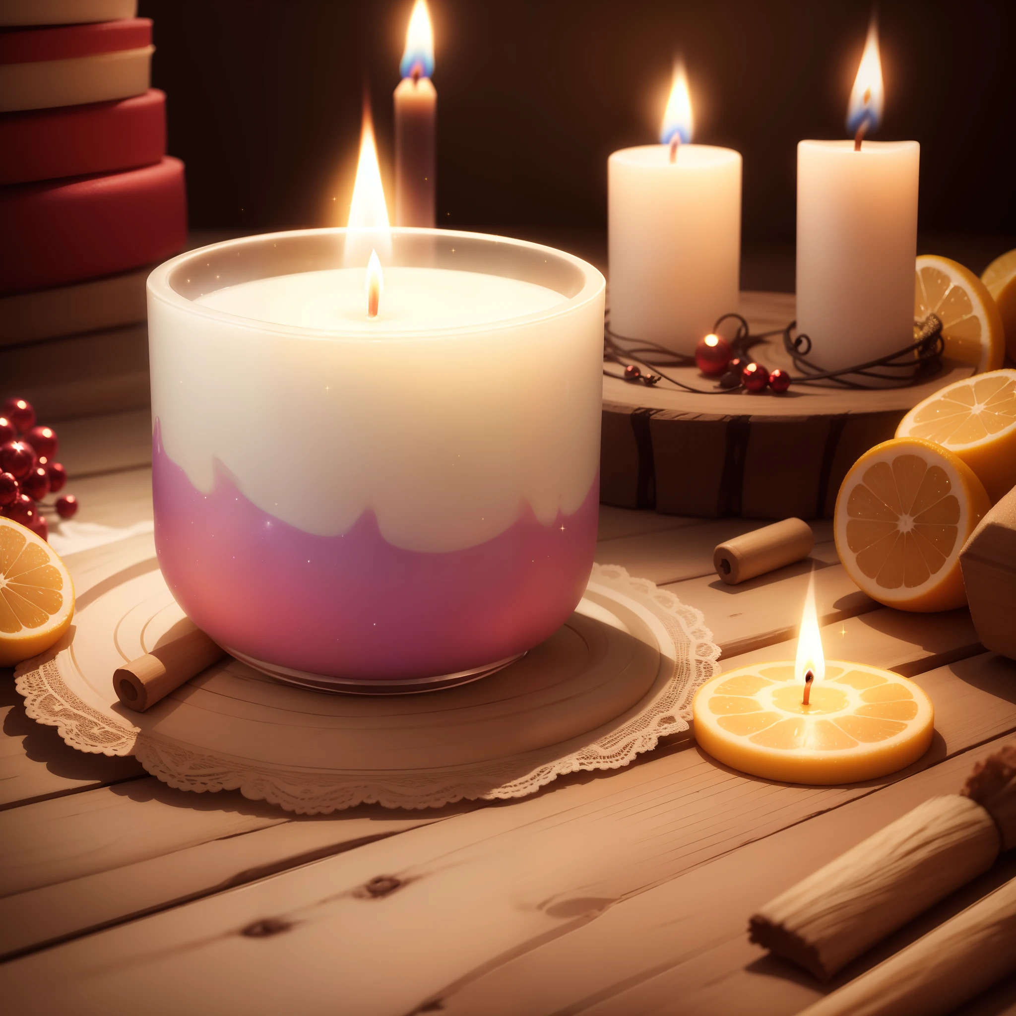 Video of candle flavored with brightness, glitter, glamurosa, super realista, hiper realista, 8K.