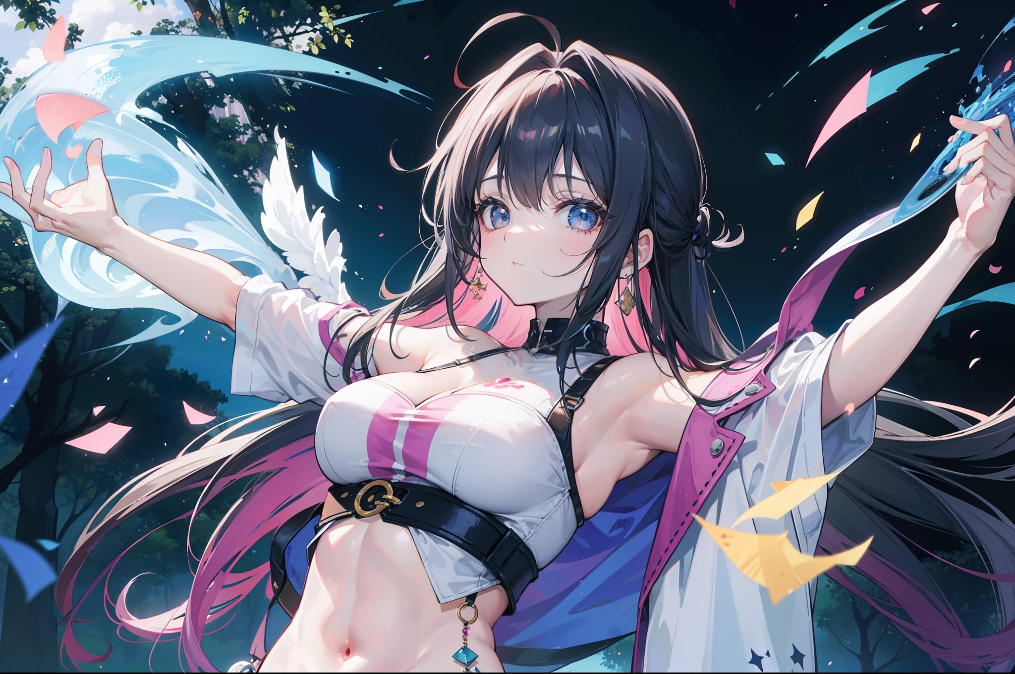 Anime style. In the middle of a large forest in North America a rave is celebrated. Es verano, hace calor, Es de noche y hay hogueras que dan buena luz a la imagen. Una mujer de gran belleza con un look alternativo y pseudo-hippie baila con los brazos abiertos en estado de euforia y trance. (La mejor calidad) (obra maestra)