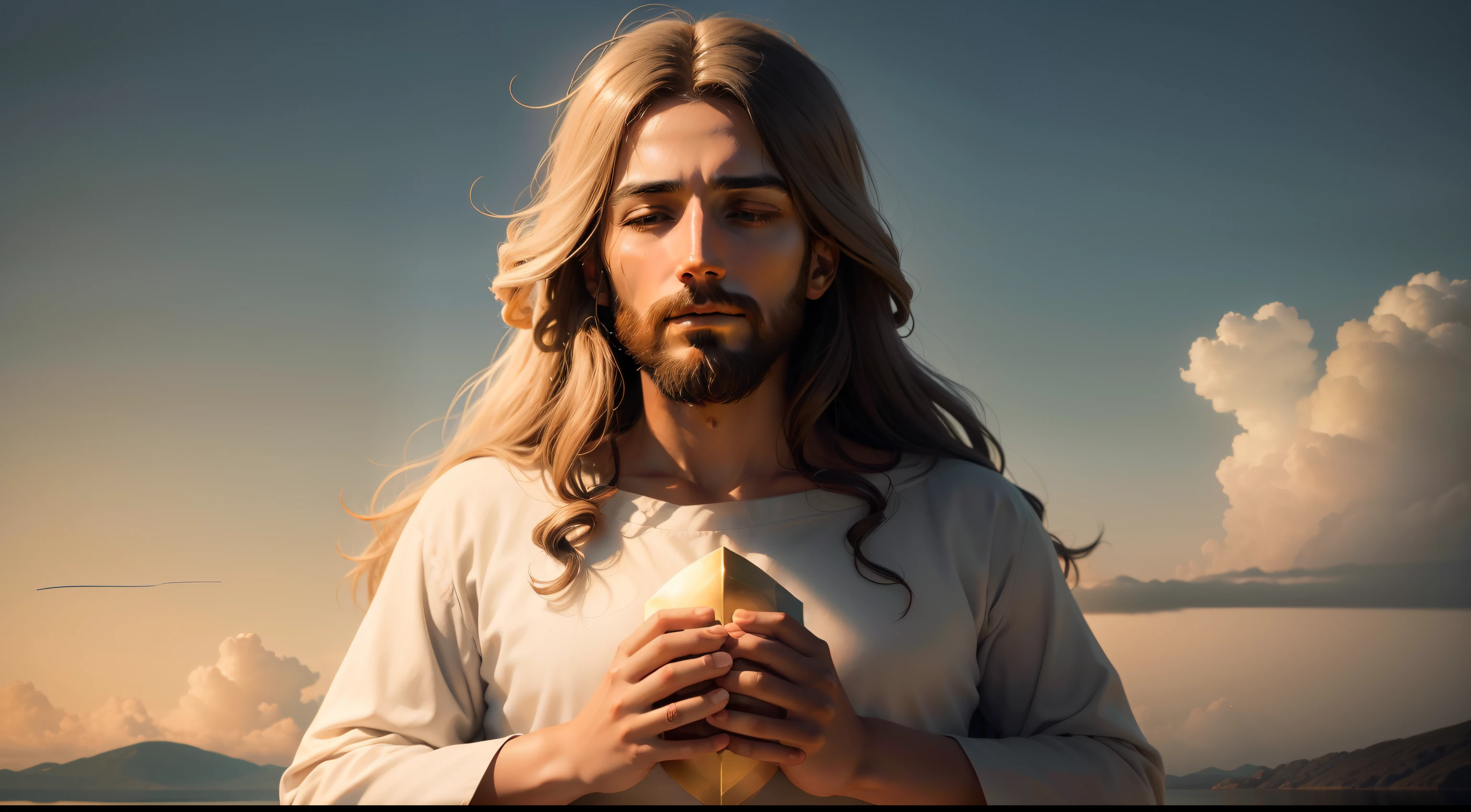 Por favor, generate a high-definition image of Jesus Christ in a serene and inspiring pose. A imagem deve ser rica em detalhes e cores vibrantes, capturing the essence of your kindness and compassion. Be sure to include symbolic elements that refer to your message of love and peace. The final image should be an authentic and respectful representation