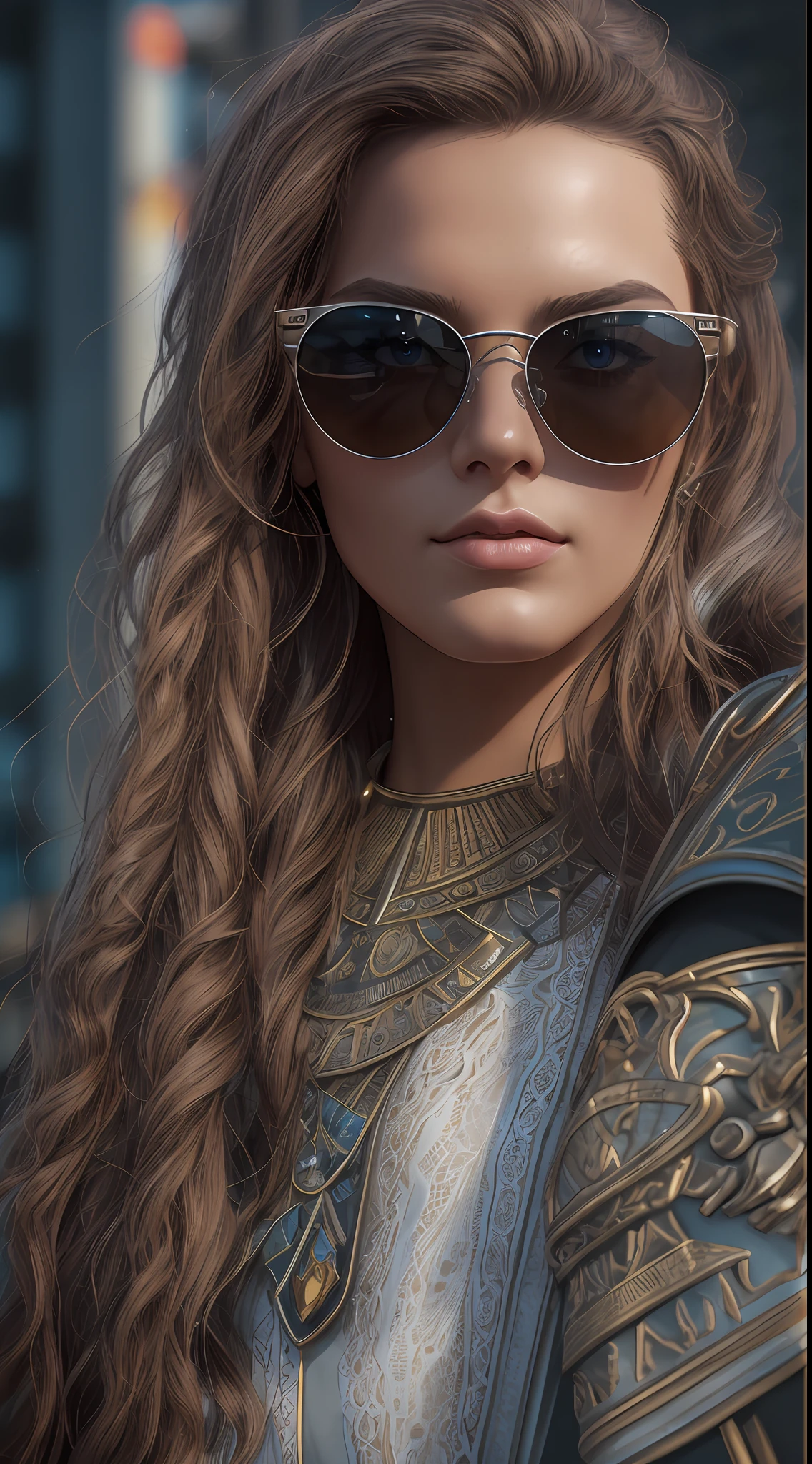 A very realistic and very detailed portrait of a beautiful German woman wearing sunglasses in the future city of Berlin , ((full-body:1.2)) , The outfit is engraved with German shield plates , long  hair, Hand and body tattoos, Fashion pose, Beautiful hazel eyes symmetrical detailed, detailed gorgeous face, Advanced German environment , Integration of German civilization with the technology of the future , outstanding detail, 30 MP, 4k, كاميرا كانون EOS 5D Mark IV الرقمية SLR, 85mm lens, sharp focus, intricately detailed, Long exposure time, f/8, ISO 100, shutter speed 1/125, Diffused backlight, ((award winning photograph)) , facing camera, looking into the camera, Monovision, Perfect contrast, high sharpness, facial symmetry, Depth-of-field, ultra-detailed photography, Raitsar, global illumination, Tanvertamim, downy, Ultra-High Definition, 8k, unreal engine 5, Ultra-sharp focus, award-winning photograph, trending on Artstation