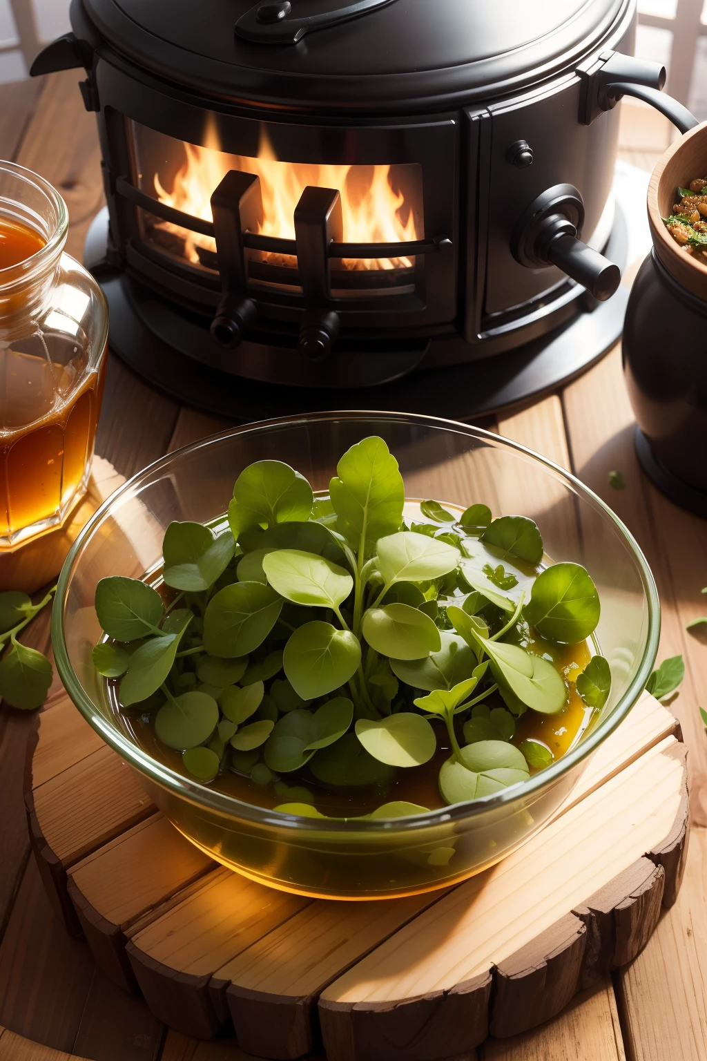 glass pot with honey on wood stove, watercress and guaco leaves