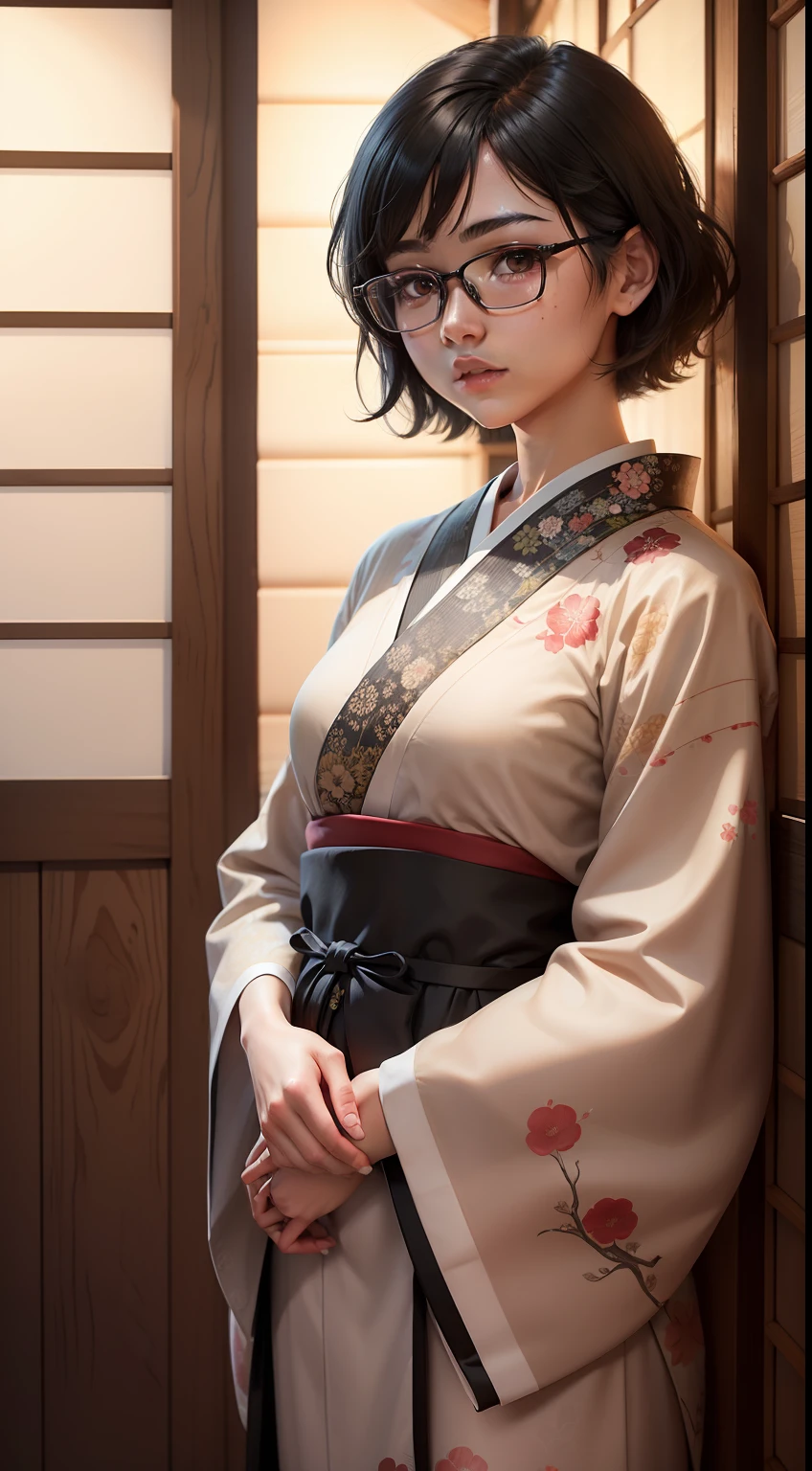 1girl, beautiful girl, wearing eyeglasses, brown skin, small mole on her right cheek, full body, Body Length 150 cm, 20 years old, brown skin girl, .(short black hair, Street hairstyle) , (black eyes), realistic eyes, beautiful and big eyes), kimono dress, kimono clothes, Small breasts, (8k wallpaper), (Traditional Japanese house wallpaper) 8k, high quilty, realistic, beautiful realistic, Cool details, raw photo, realistic clothing, short hair, black hair, realistic hair, Light and cool lighting, photo realistic, Cel shaded, Gel lighting, ultra details