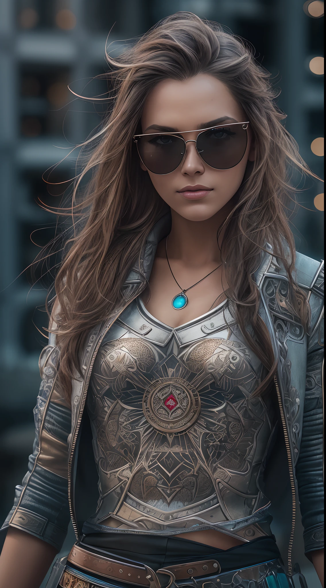 A very realistic and very detailed portrait of a beautiful German woman wearing sunglasses in the future city of Berlin , ((full-body:1.2)) , The outfit is engraved with German shield plates , long hair, Hand and body tattoos, Fashion pose, Beautiful hazel eyes symmetrical detailed, detailed gorgeous face, Advanced German environment , Integration of German civilization with the technology of the future , outstanding detail, 30 MP, 4k, كاميرا كانون EOS 5D Mark IV الرقمية SLR, 85mm lens, sharp focus, intricately detailed, Long exposure time, f/8, ISO 100, shutter speed 1/125, Diffused backlight, ((award winning photograph)) , facing camera, looking into the camera, Monovision, Perfect contrast, high sharpness, facial symmetry, Depth-of-field, ultra-detailed photography, Raitsar, global illumination, Tanvertamim, downy, Ultra-High Definition, 8k, unreal engine 5, Ultra-sharp focus, award-winning photograph, trending on Artstation
