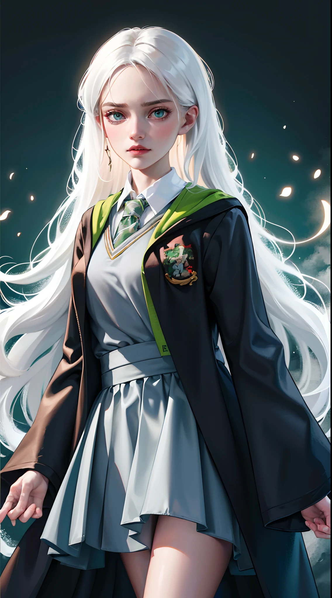 (hight resolution, Best Quality:1.2), brilliance, soft contour, a beautiful painting, Cowboy Shot, (masutepiece), 1girl in, Beautiful Girl, Hogwarts Background, hogwarts school uniform, hogsks, Slytherin, straight white hair, Light blue eyes, Angry look, School Dress, Long skirt, Green tie, cool lady