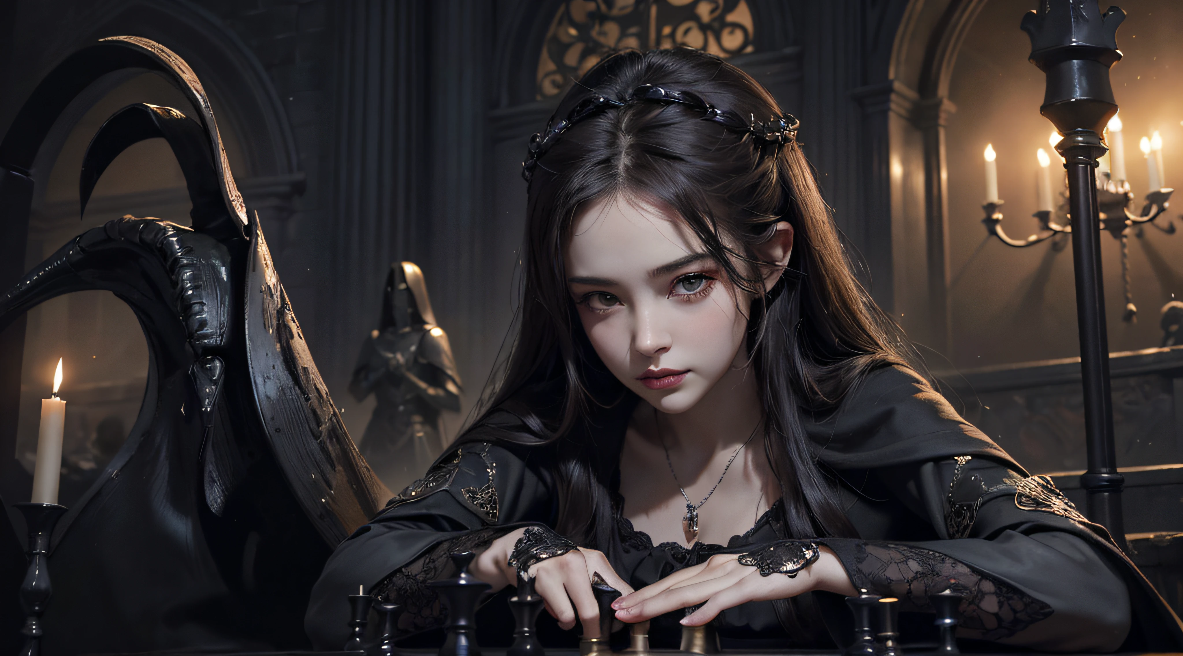 Beautiful cute girl playing a card game with tarot cards, trick-taking rules, occult, mystical, esoteric, spiritual patterned cards, dark fantasy world, intricate details, dramatic lighting, gothic, chiaroscuro, moody, ornate ,Detailed Textures, Cinematic, Dramatic Shadows, Fantastic, Dreamy, Surreal, Vibrant Colors, (Best Quality, 4K, 8K, High Resolution, Masterpiece: 1.2), Super Detailed, (Realistic, Photorealistic, Photorealistic: 1.37)