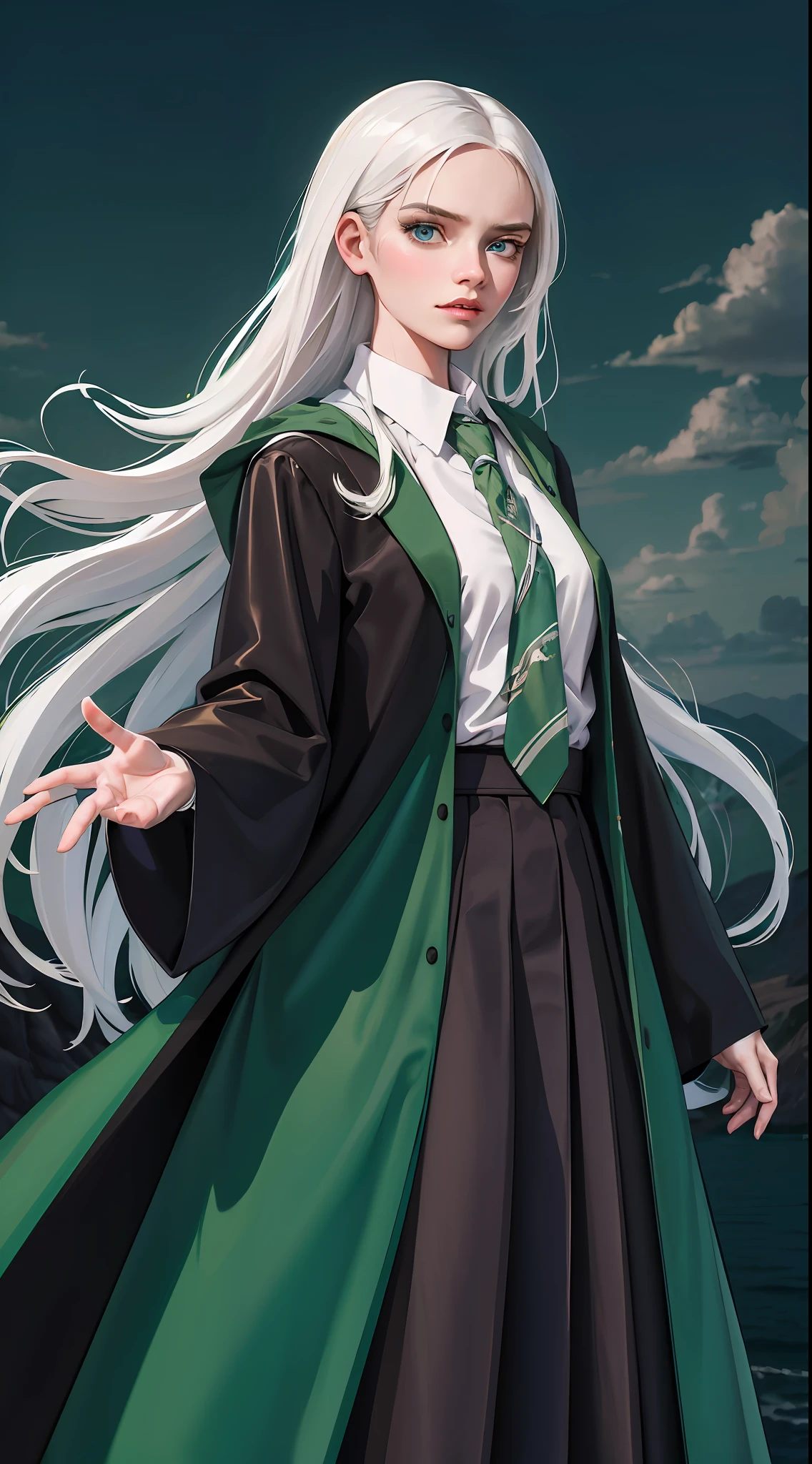 (hight resolution, Best Quality:1.2), brilliance, soft contour, a beautiful painting, Cowboy Shot, (masutepiece), 1girl in, Beautiful Girl, Hogwarts Background, hogwarts school uniform, hogsks, Slytherin, straight white hair, Light blue eyes, Angry look, School Dress, Long skirt, Green tie, cool lady
