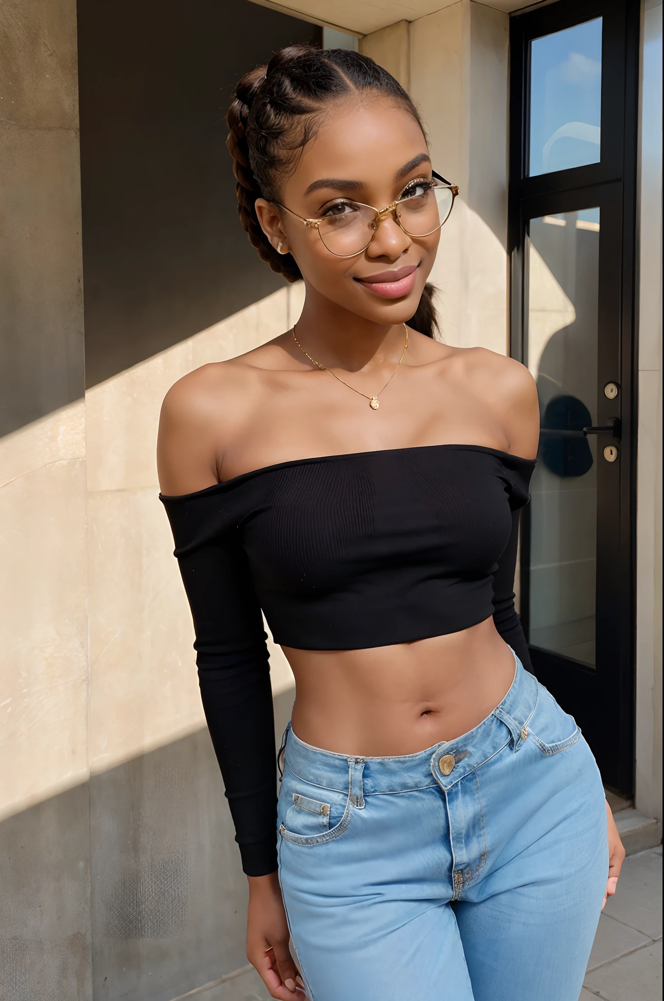 (masterpiece), best quality, expressive eyes, smile, perfect face,
Luane, African female, 22yo African, brown hair, ponytail, brown eyes, black glasses,
((standing)),