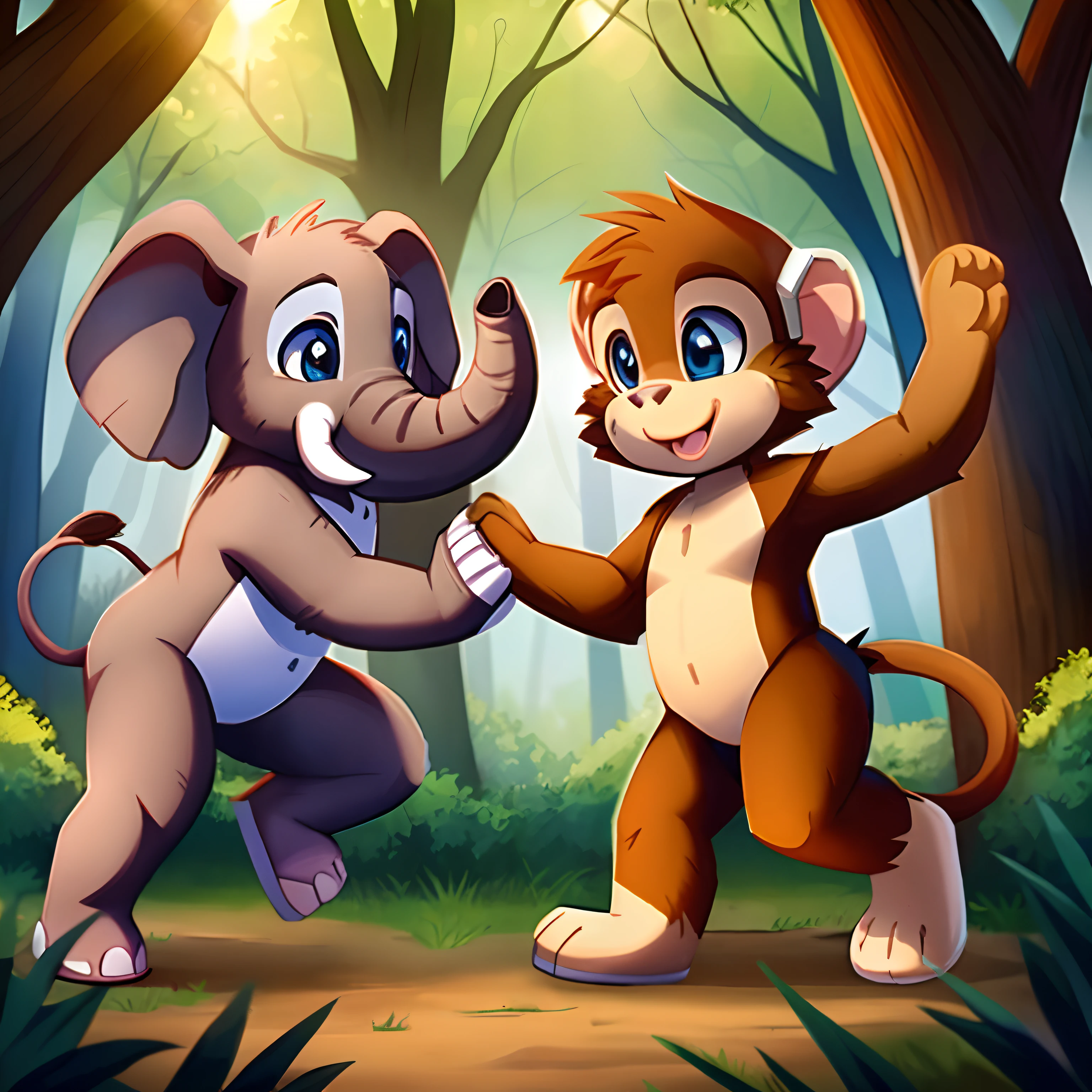There are two cartoon animals that are playing together in the forest, Festa nas selvas, 🐋 as 🐘 as 🤖 as 👽 as 🐳, dancing with each other, dancing creatures, official illustration, na floresta da selva !!!, arte oficial, na selva da floresta, mobile game art, na floresta da selva, em uma selva, Commission for High Res, na selva