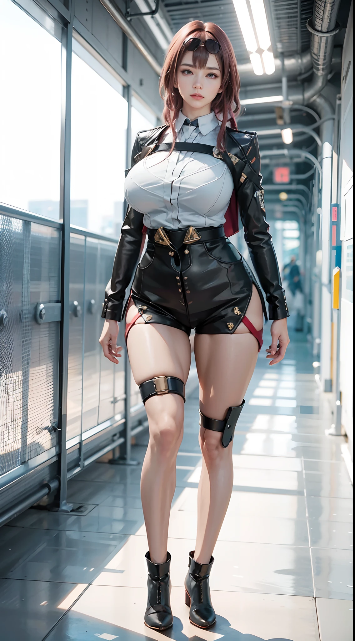 Unreal Engine 5, Realistic Rendering, wearing cosplay Kafka from Honkai Star Rail, Honkai Star Rail, game character, cosplayer, walking down hallway of futuristic space station, beautiful face, makeup, (thicc muscular:1.3), (muscle abs:1.3), huge fake boobs:1.5), lower is huge buttocks, jealous, highres, highres, 1080P, UHD, masterpiece