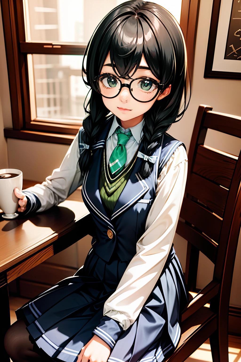 masterpiece,best quality,1girl, hanakumachifuyu, solo, sitting a chair, drink a coffee, coffee shop, table, school uniform, glasses, twin braids, pleated skirt, green necktie, black pantyhose, blue skirt, jacket, long sleeves, vest, white shirt, striped, long hair, bangs,