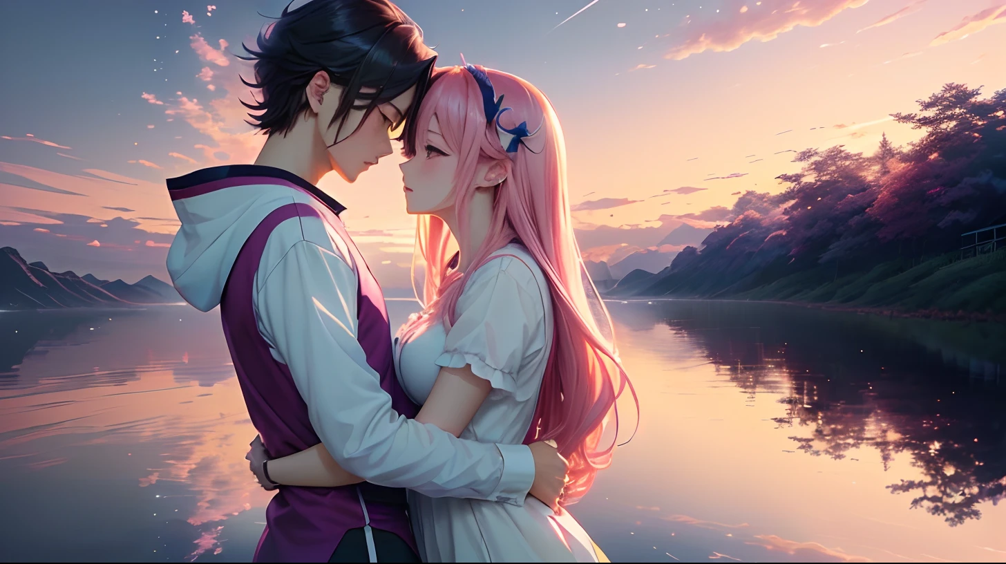 Anime couple hugging in front of a pink sky with clouds, anime de fantasia bonito, | anime de detalhes finos, lindo anime sedutor adolescente, Anime bonito, anime bela cena de paz, night core, hd anime wallaper, Anime Art Wallpaper 8K, mulher bonita sedutora do anime, anime wallpaper, bela cena de anime, 4k anime wallpapers, Anime Wallpaper 4k, chan sakimi