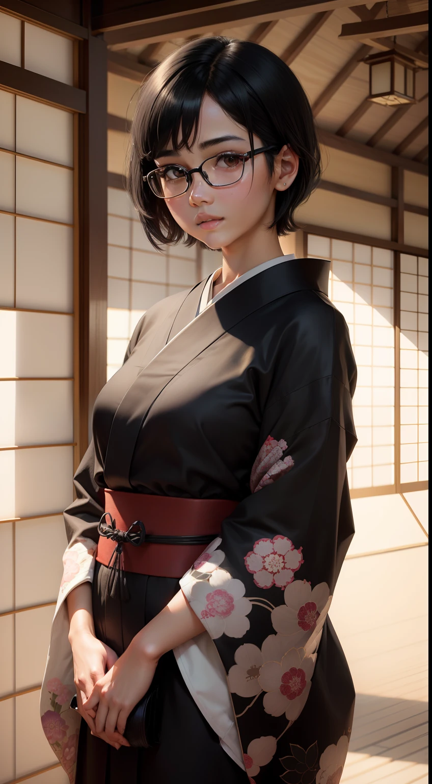 1girl, beautiful girl, wearing eyeglasses, black skin, small mole on her right cheek, full body, Body Length 150 cm, 20 years old, brown skin girl, .(short black hair, Street hairstyle) , (black eyes), realistic eyes, beautiful and big eyes), kimono dress, kimono clothes, Small breasts, (8k wallpaper), (Traditional Japanese house wallpaper) 8k, high quilty, realistic, beautiful realistic, Cool details, raw photo, realistic clothing, short hair, black hair, realistic hair, Light and cool lighting, photo realistic, Cel shaded, Gel lighting, ultra details