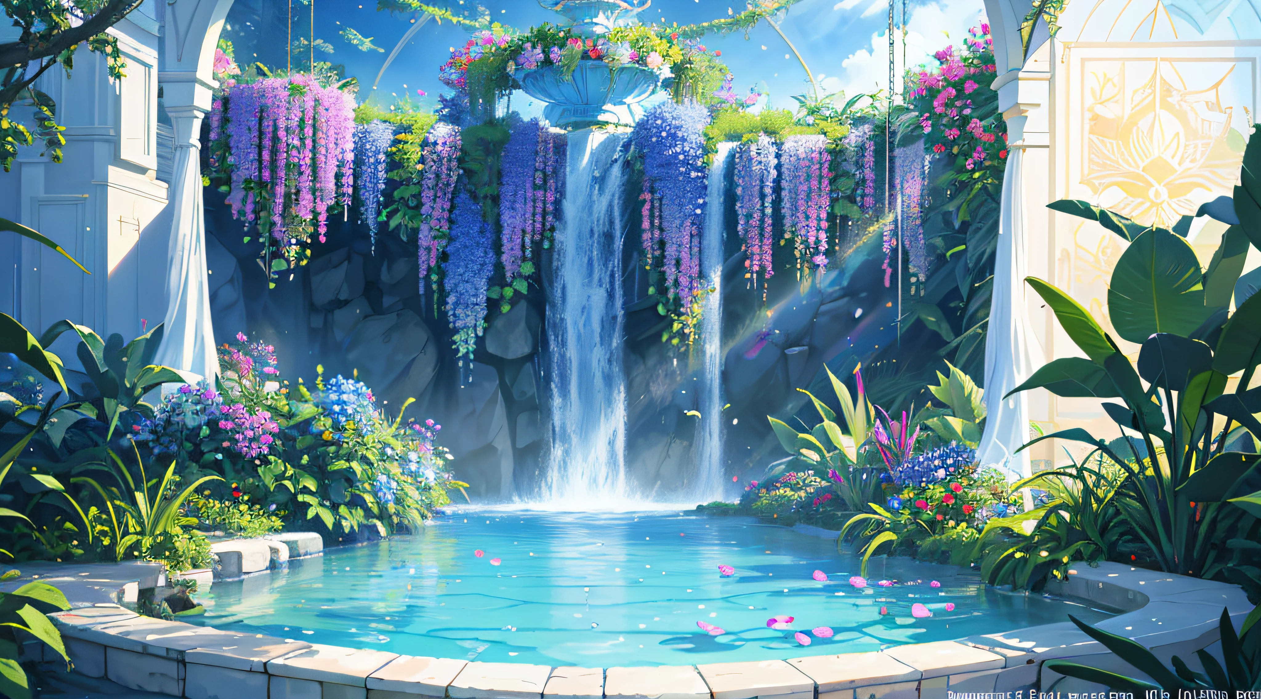 Wallpaper, fantasy hanging garden, blue sky, floating sea of flowers, colorful flowers. Crystal Fountain, HD Detail, Wet Watermark, Ultra Detail, Cinematic, Hyper Realism, Soft Light, Deep Field Focus Bokeh, Ray Tracing, Diffuse (extra fine glass reflections) and Hyper Realism. --v6