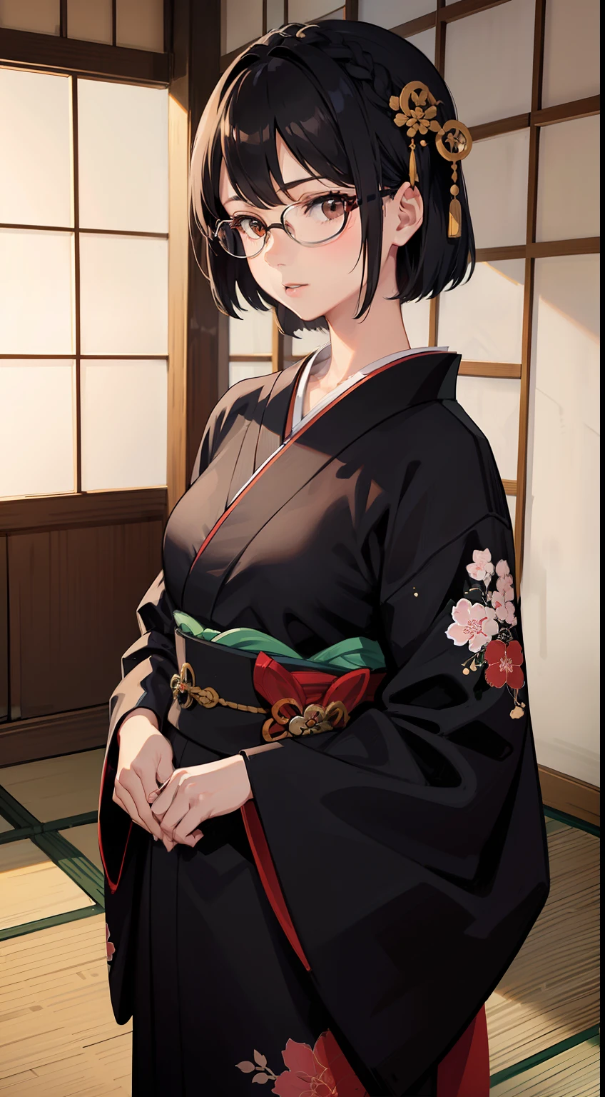 1girl, beautiful girl, wearing eyeglasses, brown skin, small mole on her right cheek, full body, Body Length 150 cm, 20 years old, brown skin girl, .(short black hair, Street hairstyle) , (black eyes), realistic eyes, beautiful and big eyes), kimono dress, kimono clothes, Small breasts, (8k wallpaper), (Traditional Japanese house wallpaper) 8k, high quilty, realistic, beautiful realistic, Cool details, raw photo, realistic clothing, short hair, black hair, realistic hair, Light and cool lighting, photo realistic, Cel shaded, Gel lighting, ultra details