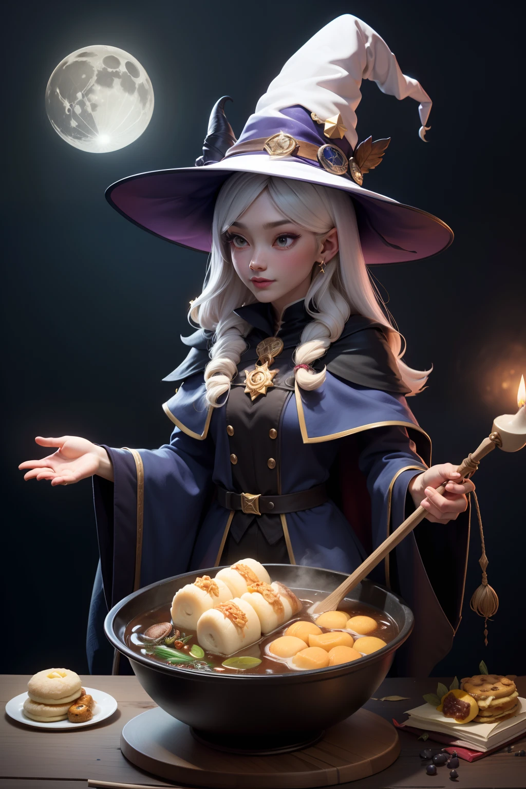 (white european girl, witch, magic:1.3), beef noodle soup, braised pork rice, bubble tea, Guabao, iron egg, millet mochi, omelet, vermicell, pan fried buns, pepper bun, pineapple cake, rice noodles, scallion pancake, stinky tofu, sun cake, spell book, potion, wand, cauldron, robes, pointed hat, broomstick, mystical creatures, moon, stars, candlelight, crystals, enchanted forest, flying, levitating, casting spell,