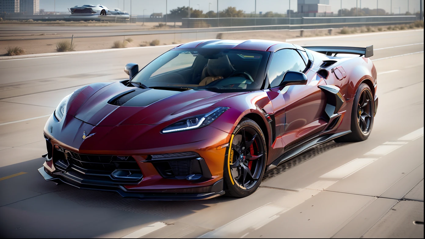 une voiture de sport dans une station-service, chevrolet corvette, chevrolet, With elements of the ZR1, 3D Rendering », rendu raytracing, Rendu parfait, Hyper realistic rendering, Hyper real rendering, Photorealistic Rendering, Photorealistic Rendering, Red realistic 3D rendering, hyper detailed 3d render, Fully detailed cyberpunk style rendering