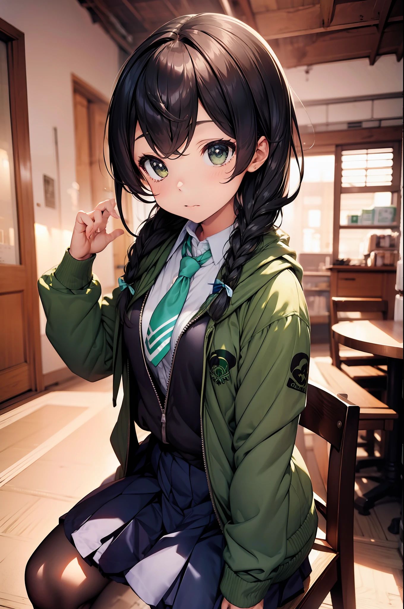 masterpiece,best quality,1girl, hanakumachifuyu, solo, sitting a chair, drink a coffee, coffee shop, table, hoodie, twin braids, white shirt, blue skirt, pleated skirt, jacket, collared shirt, hood, green necktie, long sleeves, black pantyhose, hooded jacket, bangs, hair between eyes, open clothes, zipper, green jacket, open jacket, holding hair, hood down, hair over shoulder, disconcerted, long hair, bangs,
