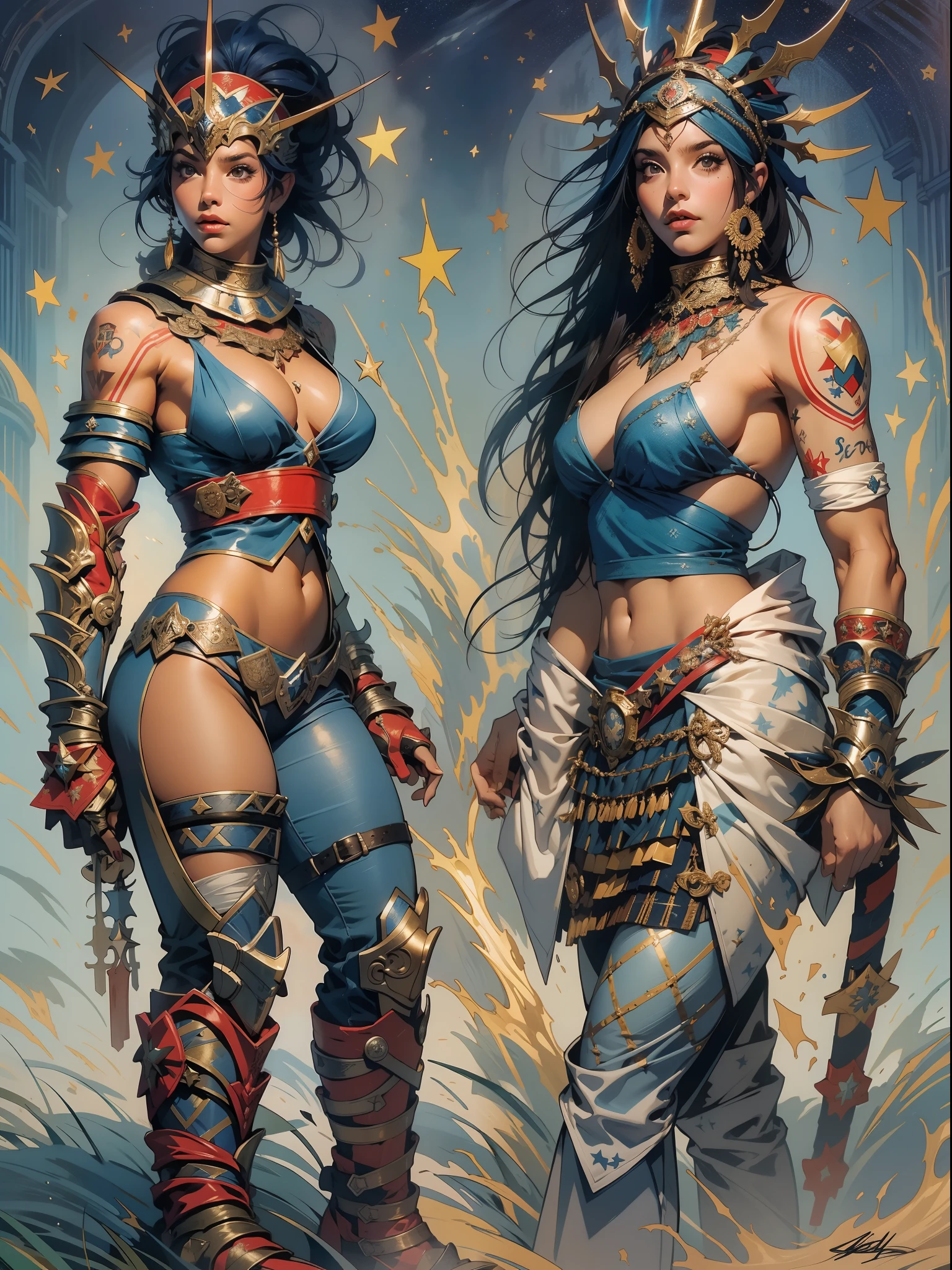 (((mulher))), (((melhor qualidade))), (((obra prima))), (((adulto))), Uma guerreira mulher de 35 anos com corpo perfeito, Gladiadores do Brooklyn, (( sob os peitos )), quase nua no estilo selvagem urbano de Simon Bisley para a capa da revista Heavy Metal, cabelo loiro, Minimum clothing, Dark blue with white stars and red and white checkerboard pattern, armadura, cheio de pontas e rebites, tatuagem tribal, (((do joelho pra cima))), cabelo desalinhado