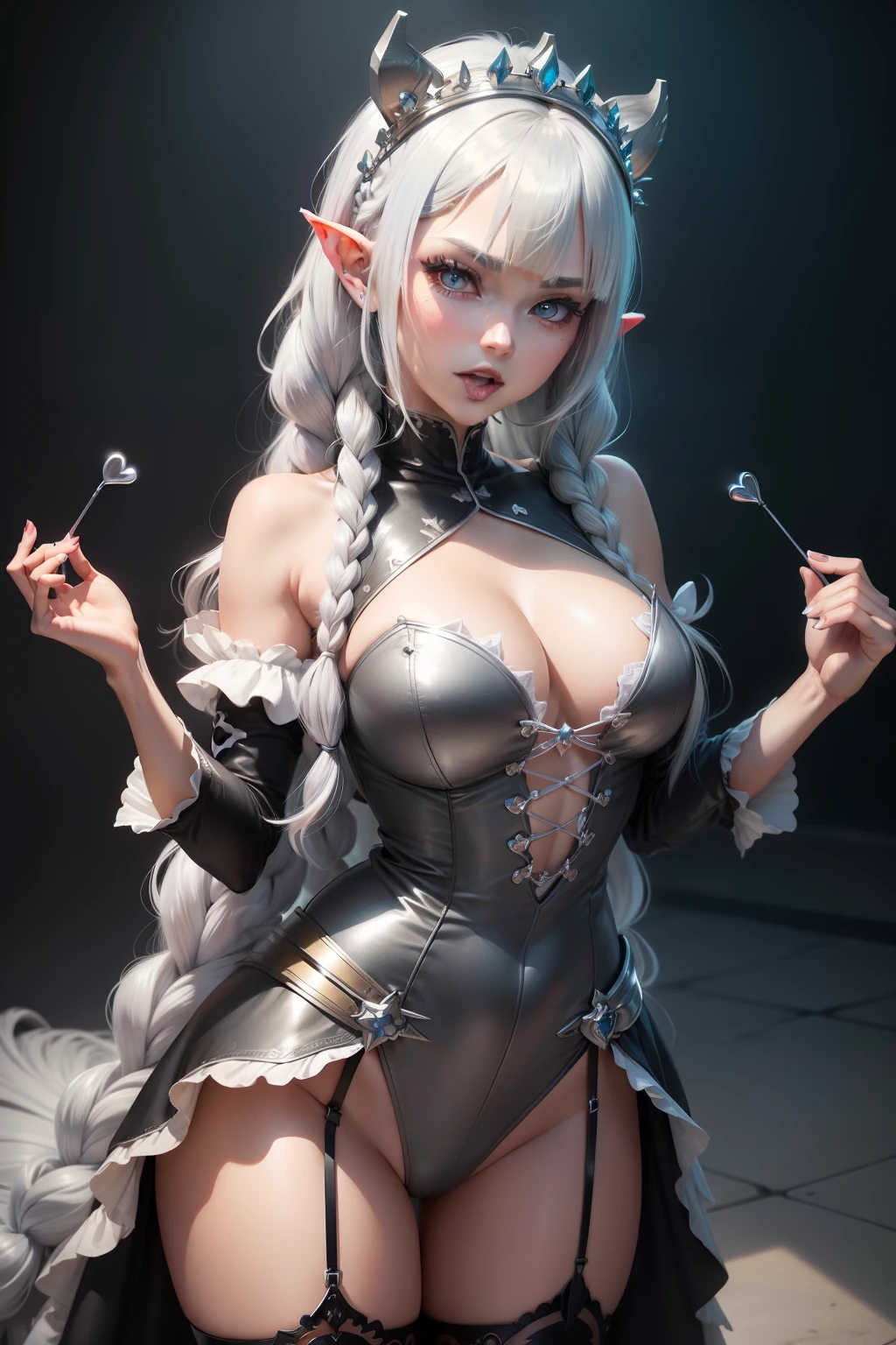 silver hair, drill hair, side swept bangs, low twin braids, tiara, heart-shaped pupils, pointy ears, tongue out, oral invitation, cowboy shot, high detail, anime, anime style, UHD, high quality, high details, highres