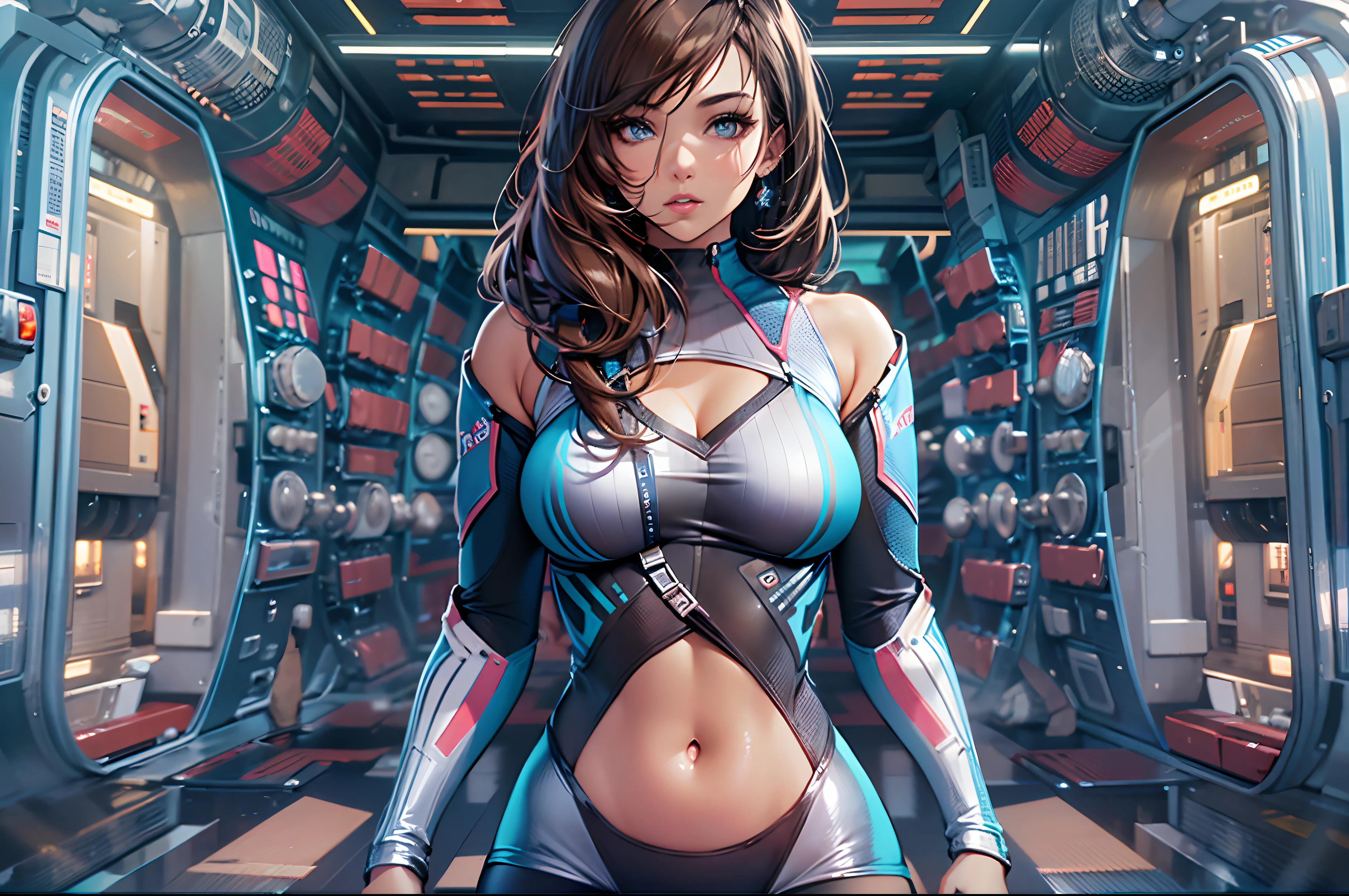 Masterpiece, hyperrealistic, highres, best quality, ultra detailed, Cinema 4D, Octane render, Innovative, 1girl, perfect waifu, super cute and sexy girl, super hot girl, super beautiful long brown hair, high ponytail, perfect body, full body, very detailed and shiny blue slanted eyes, super juicy lips, perfect body, full body, shiny skin, super delicate and sexy body, wearing an anime printed super tight short sleeve crop top, super tight translucid leggings, beautiful sexy and cute panties, pink jordans, in a popular futuristic spaceship, Professional quality, Unreal engine