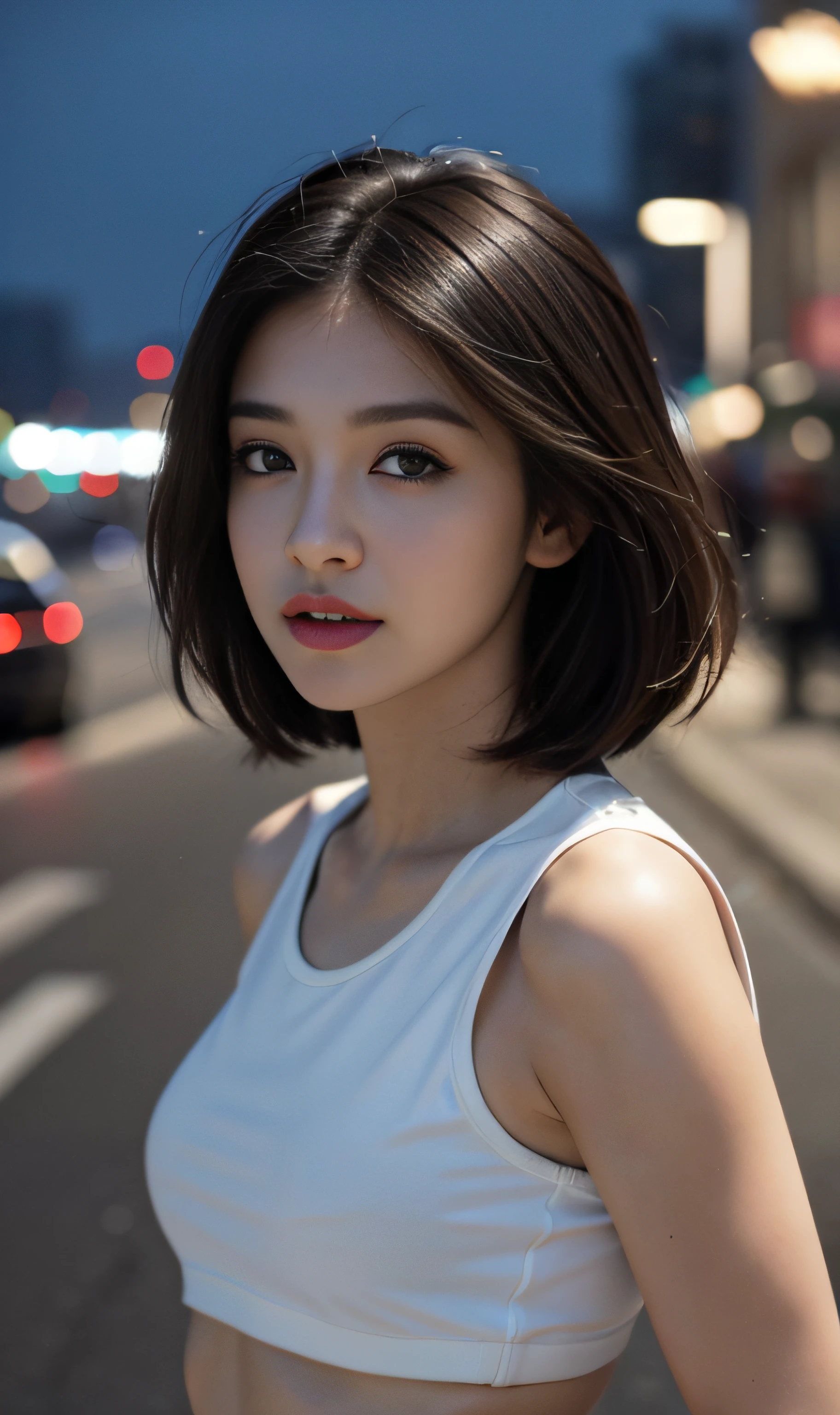 ((Realistic lighting, Best quality, 8K, Masterpiece: 1.3)), Clear focus: 1.8, 1 Pretty girl, Perfect beauty: 1.4, Slim abs: 1.1, ((Dark brown hair)), (White crop top: 1.9), short skirt, full body, (Outdoor, Night: 1.1), Park view, Super fine face, Fine eyes, Double eyelids,