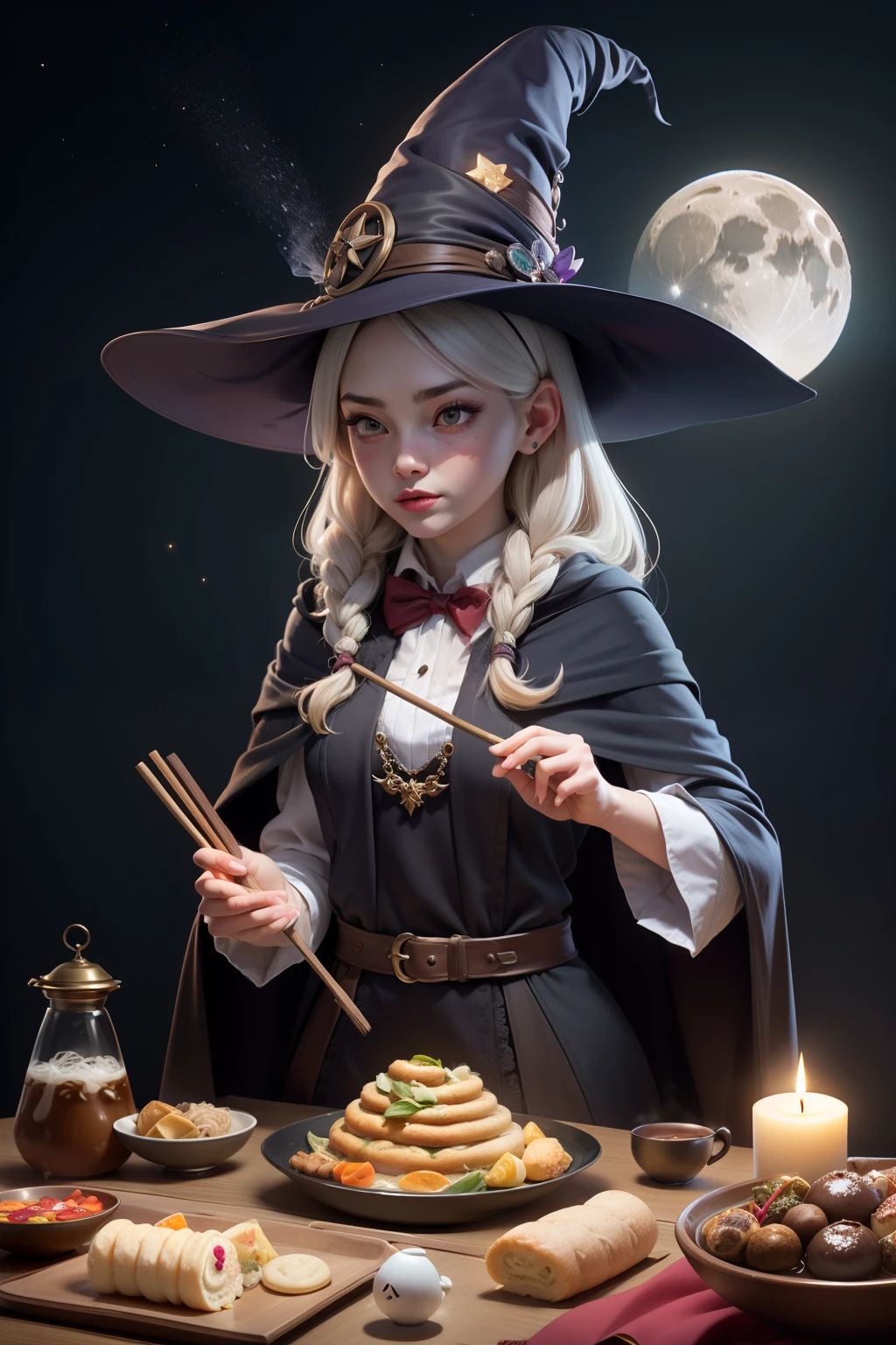 (white european girl, witch, magic:1.3), beef noodle soup, braised pork rice, bubble tea, Guabao, iron egg, millet mochi, omelet, vermicell, pan fried buns, pepper bun, pineapple cake, rice noodles, scallion pancake, stinky tofu, sun cake, spell book, potion, wand, cauldron, robes, pointed hat, broomstick, mystical creatures, moon, stars, candlelight, crystals, enchanted forest, flying, levitating, casting spell,