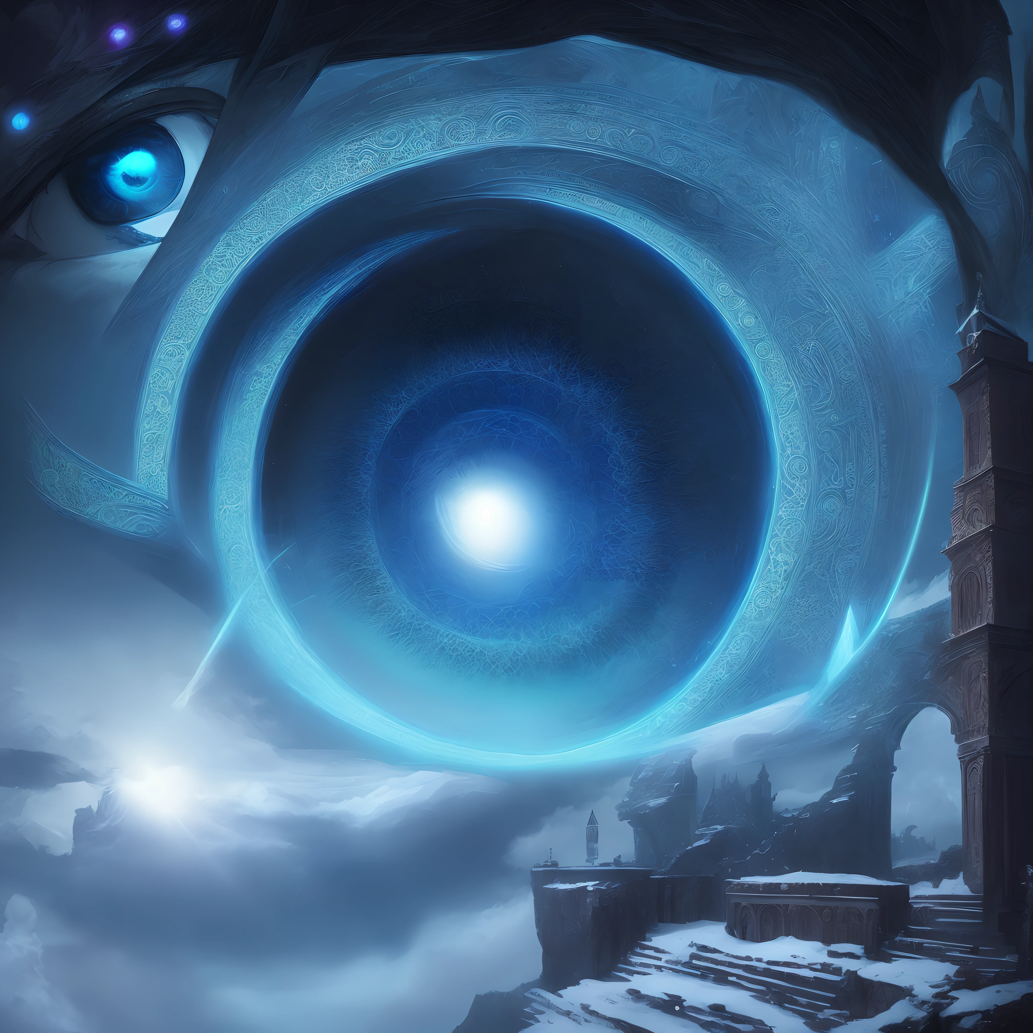 There is an image of a person standing in the snow, O Olho de Deus Rah, 3rd eye, third - eye visions, digital visionary art, mystic eye, o olho de deus, mystical third eye, visuais de outro mundo, canalizando a energia do terceiro olho, visionary art, terceiro olho, arte surreal, all - seeing eye, Vision of the eyes of the gods