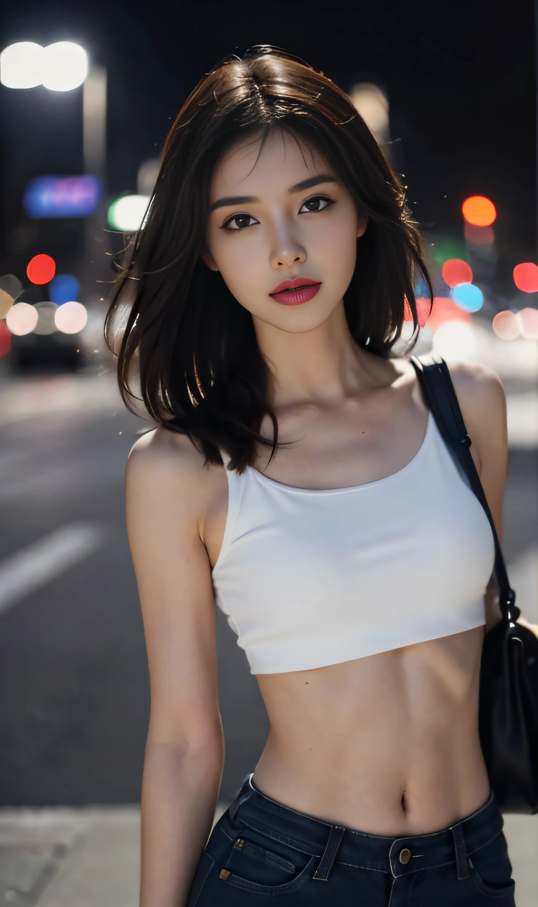 ((Realistic lighting, Best quality, 8K, Masterpiece: 1.3)), Clear focus: 1.8, 1 Pretty girl, Perfect beauty: 1.4, Slim abs: 1.1, ((Dark brown hair)), (White crop top: 1.9), short skirt, full body, (Outdoor, Night: 1.1), Park view, Super fine face, Fine eyes, Double eyelids,