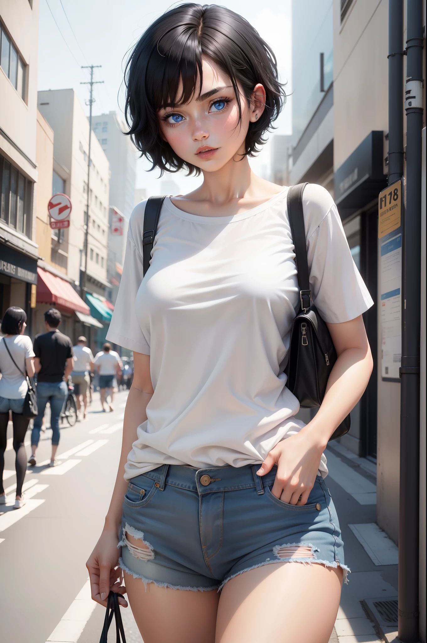 1girl, short black hair, blue eyes, wearing plain white shirt, denim shorts, city, absurdres, high res, ultrasharp, 8K, masterpiece, looking at viewer, modern city