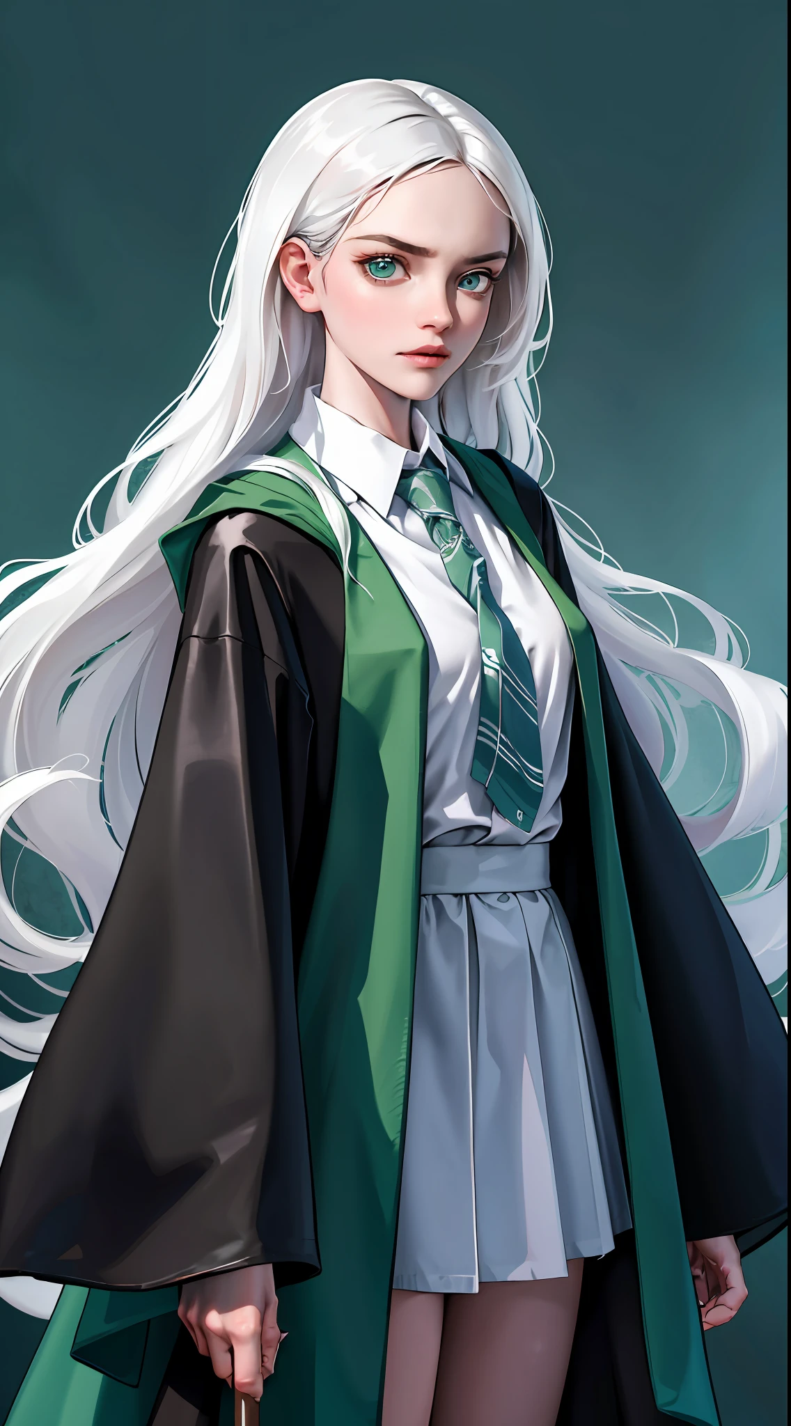 (hight resolution, Best Quality:1.2), brilliance, soft contour, a beautiful painting, Cowboy Shot, (masutepiece), 1girl in, Beautiful Girl, Hogwarts Background, Background of the magical world, hogwarts school uniform, hogsks, Slytherin, straight white hair, Light blue eyes, Angry look, School Dress, Long skirt, Green tie, cool lady