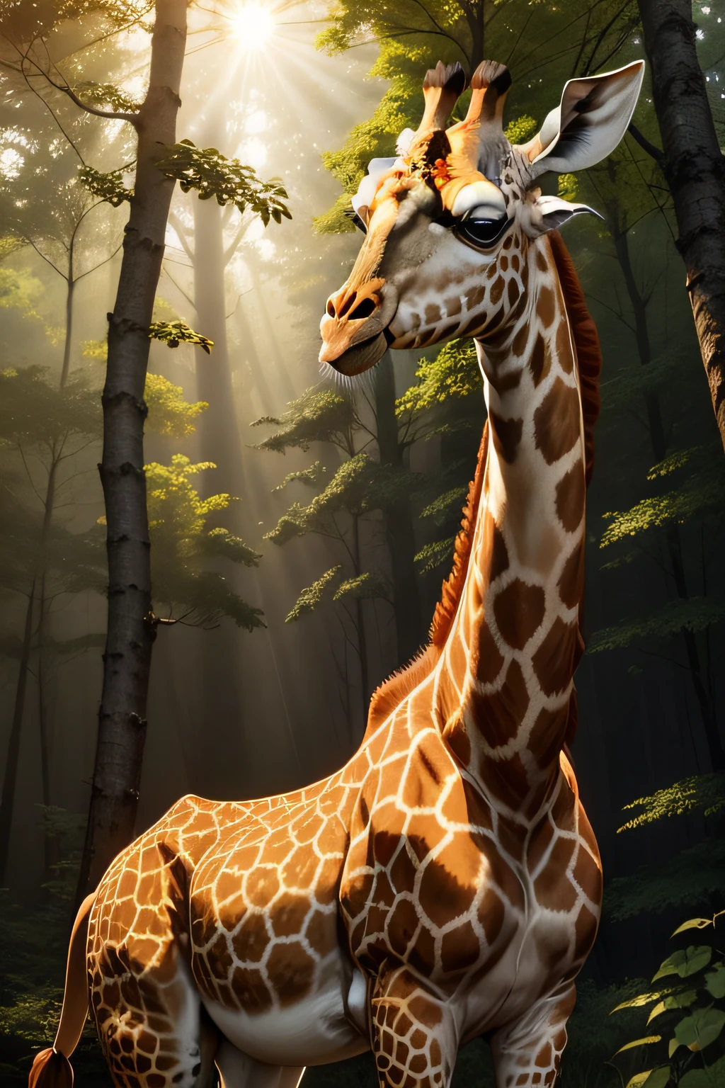 giraffe, realism, the sun shines in the forest, old, clear in the details