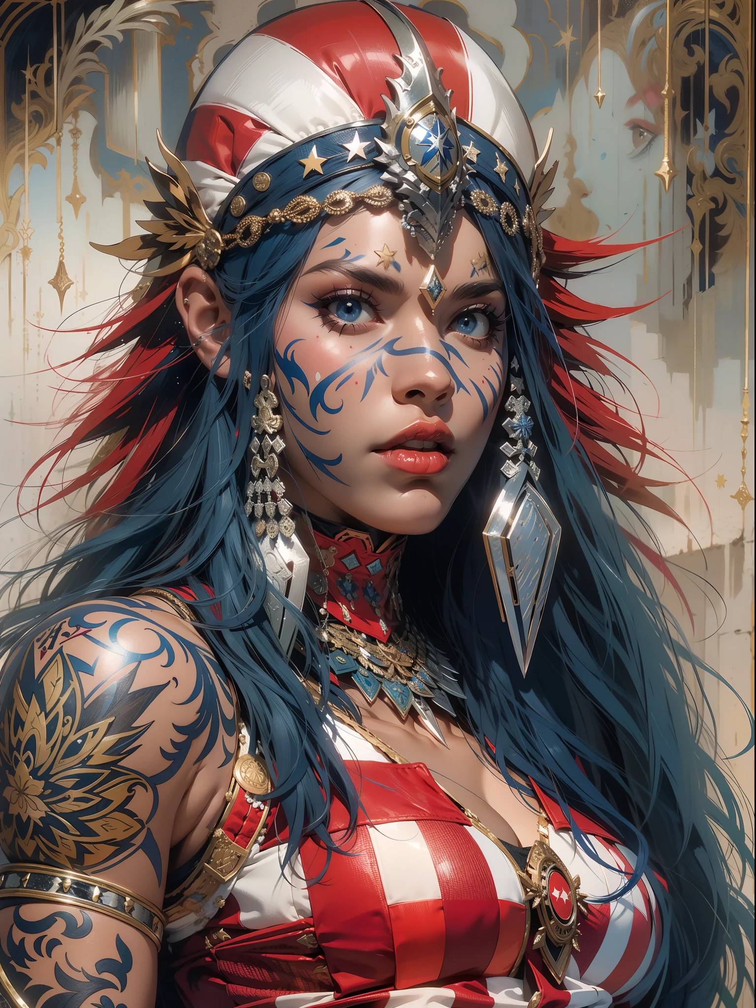 (((mulher))), (((melhor qualidade))), (((obra prima))), (((adulto))), Uma guerreira mulher de 35 anos com corpo perfeito, Gladiadores do Brooklyn, (( sob os peitos )), quase nua no estilo selvagem urbano de Simon Bisley para a capa da revista Heavy Metal, cabelo loiro, Minimum clothing, Dark blue with white stars and red and white checkerboard pattern, armadura, cheio de pontas e rebites, tatuagem tribal, (((do joelho pra cima))), cabelo desalinhado