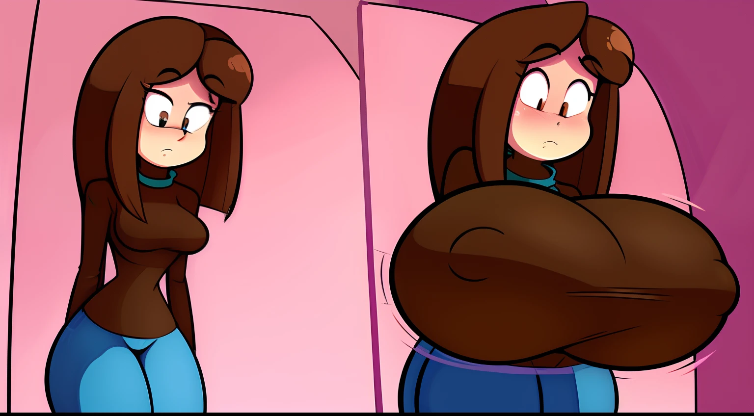 ((masterpiece, best quality)),(complex light), solo, solo focus, 1girl, room, purple turtleneck sweater, jeans, long brown hair, skinny, cartoony, looking down, nervous, breast expansion, sequence