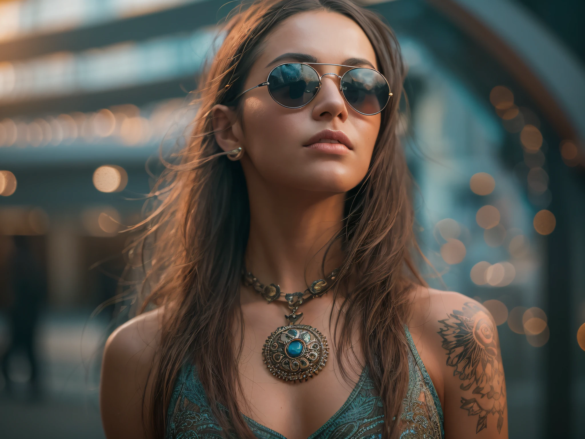 A very realistic and very detailed portrait of a beautiful German woman wearing sunglasses in the future city of Berlin , ((full-body:1.2)) , The outfit is engraved with German shield plates , long  hair, Hand and body tattoos, Fashion pose, Beautiful hazel eyes symmetrical detailed, detailed gorgeous face, Perfect Full Body , Advanced German environment , Integration of German civilization with the technology of the future , Symbols expressing this civilization in the background , outstanding detail, 30 MP, 4k, كاميرا كانون EOS 5D Mark IV الرقمية SLR, 85mm lens, sharp focus, intricately detailed, Long exposure time, f/8, ISO 100, shutter speed 1/125, Diffused backlight, ((award winning photograph)) , facing camera, looking into the camera, Monovision, Perfect contrast, high sharpness, facial symmetry, Depth-of-field, ultra-detailed photography, Raitsar, global illumination, Tanvertamim, downy, Ultra-High Definition, 8k, unreal engine 5, Ultra-sharp focus, award-winning photograph, trending on Artstation