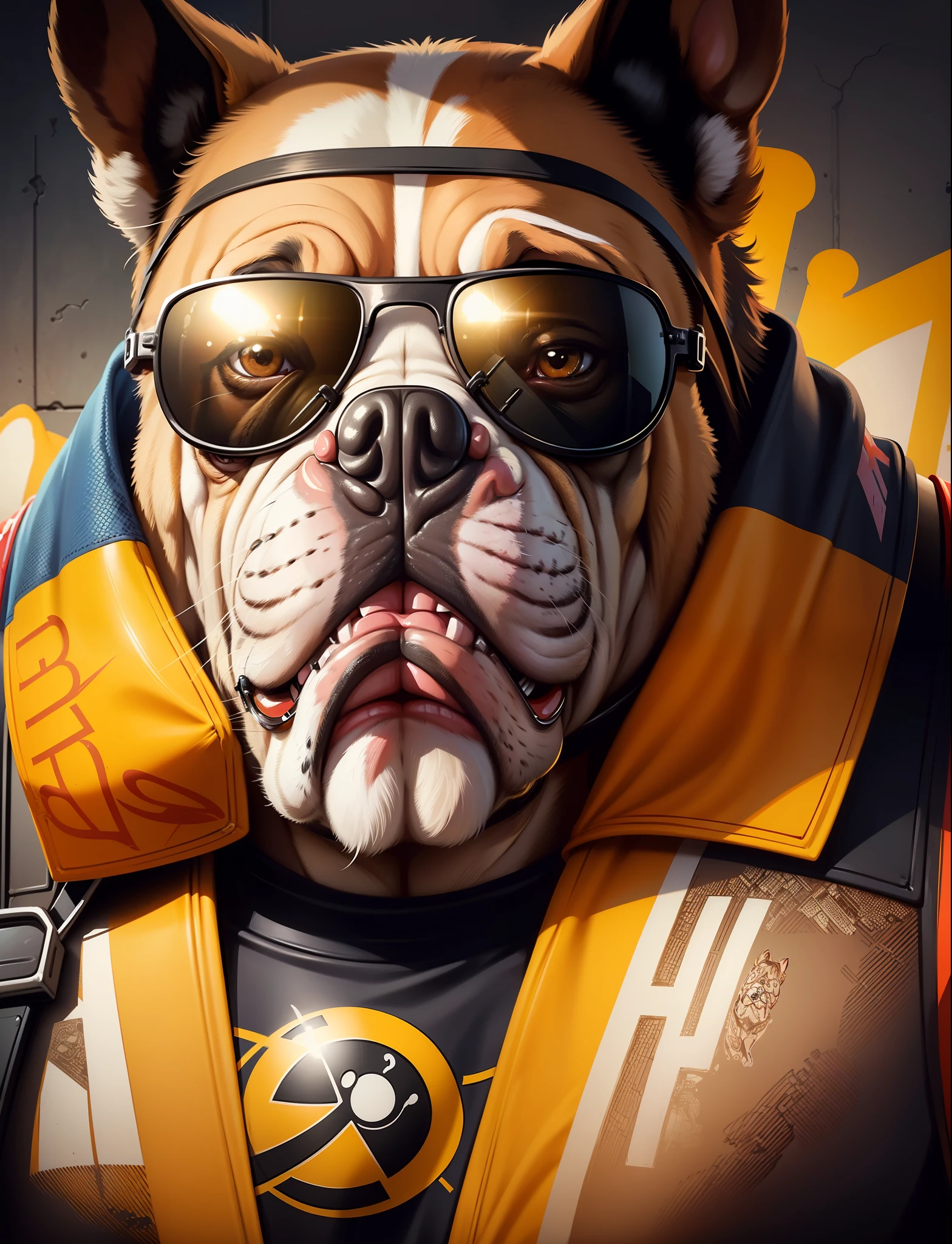a close up of a dog wearing sunglasses and a bandana, tough, nba style bulldog mascot, super buff and cool, official artwork, sots art, high detailed official artwork, high quality artwork, highly detailed vector art, bullets inside, street printed poster, in graffiti style, great detail, mascot illustration, superb, poster art style, on the streets
