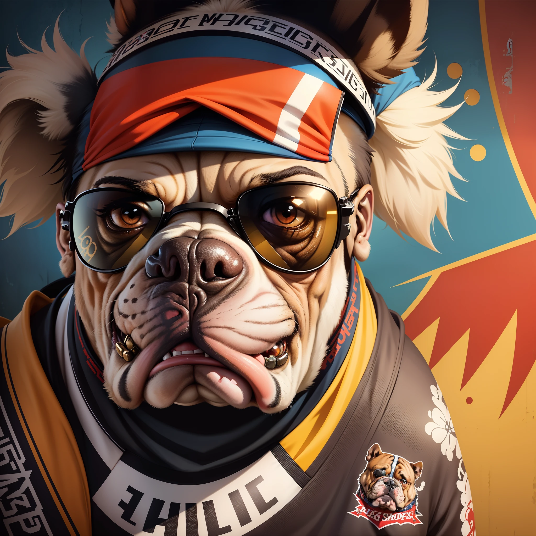 a close up of a dog wearing sunglasses and a bandana, tough, nba style bulldog mascot, super buff and cool, official artwork, sots art, high detailed official artwork, high quality artwork, highly detailed vector art, bullets inside, street printed poster, in graffiti style, great detail, mascot illustration, superb, poster art style, on the streets