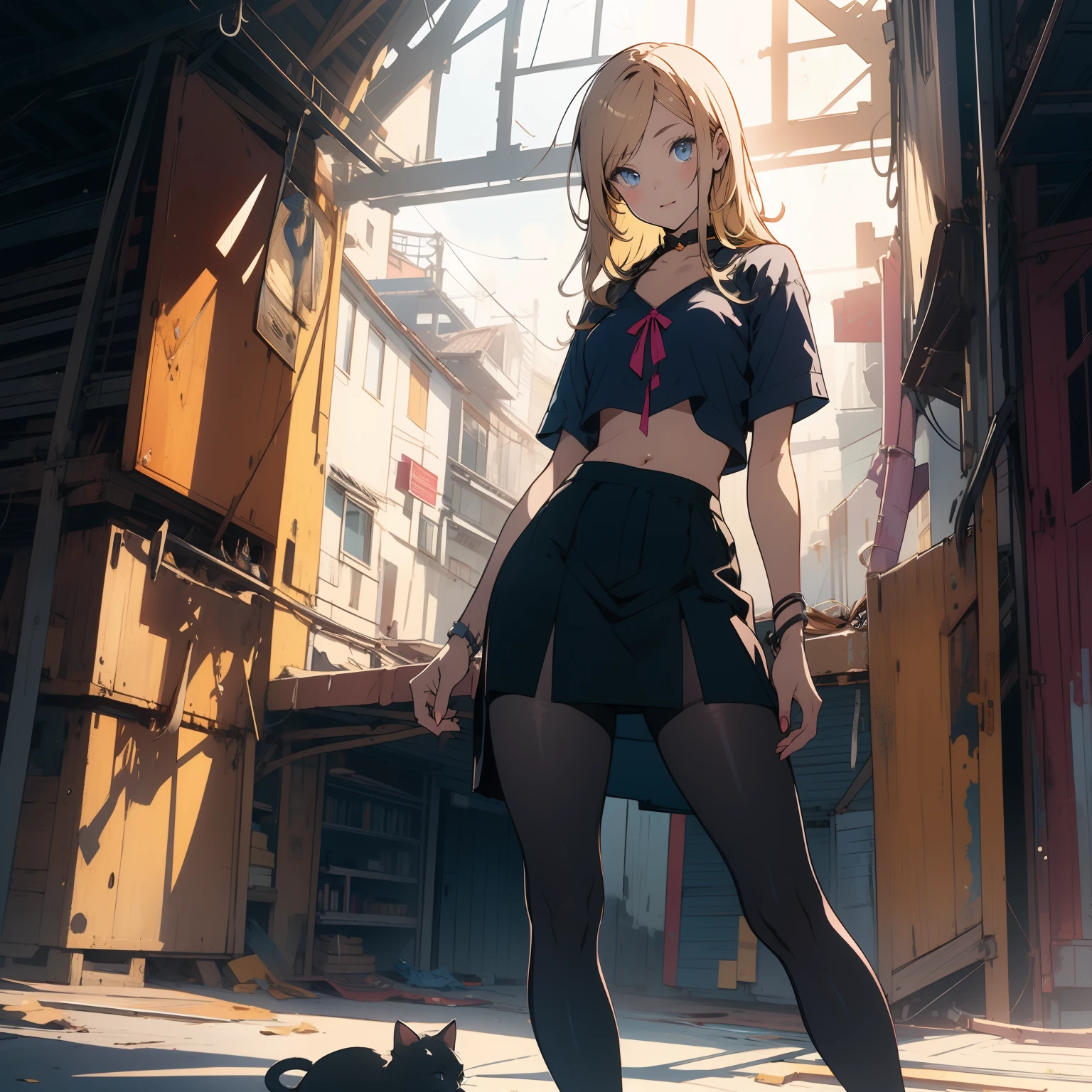 (finely detailed beautiful eyes and detailed face,masterpiece, full body shot, sidelighting,masterpiece,best quality,detailed,high resolution illustration), (1girl, solo, alone) alluring face and chest, big chest, sexy
(1girl,whole body,bishoujo,lustrous skin,looking down,looking at viewer),
(blonde hair,blue eyes, cat-girl, ocre crop top, wearing bare black pantyhose)