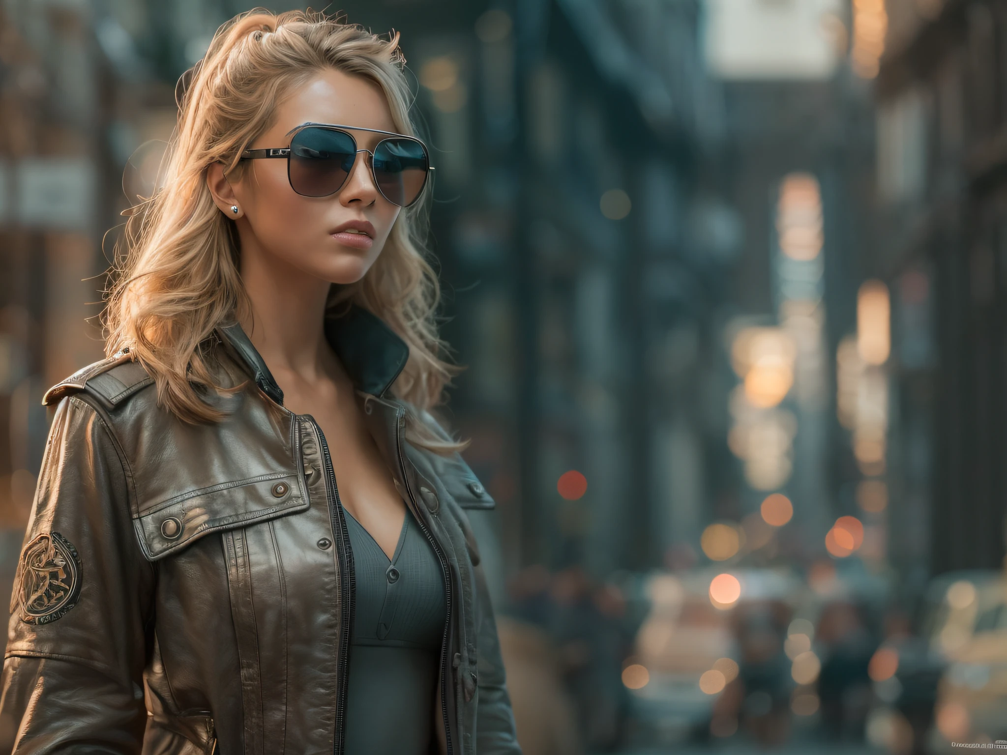 A very realistic and very detailed portrait of a beautiful German woman wearing sunglasses in the future city of Berlin , ((full-body:1.2)) , The outfit is engraved with German shield plates , long  hair, Hand and body tattoos, Fashion pose, Beautiful hazel eyes symmetrical detailed, detailed gorgeous face, Perfect Full Body , Advanced German environment , Integration of German civilization with the technology of the future , Symbols expressing this civilization in the background , outstanding detail, 30 MP, 4k, كاميرا كانون EOS 5D Mark IV الرقمية SLR, 85mm lens, sharp focus, intricately detailed, Long exposure time, f/8, ISO 100, shutter speed 1/125, Diffused backlight, ((award winning photograph)) , facing camera, looking into the camera, Monovision, Perfect contrast, high sharpness, facial symmetry, Depth-of-field, ultra-detailed photography, Raitsar, global illumination, Tanvertamim, downy, Ultra-High Definition, 8k, unreal engine 5, Ultra-sharp focus, award-winning photograph, trending on Artstation